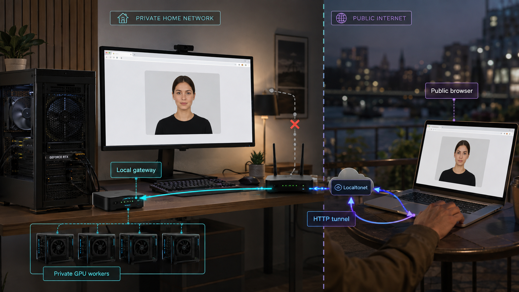 A remote browser reaches a local AI avatar gateway through an outbound HTTP tunnel while GPU workers remain private.