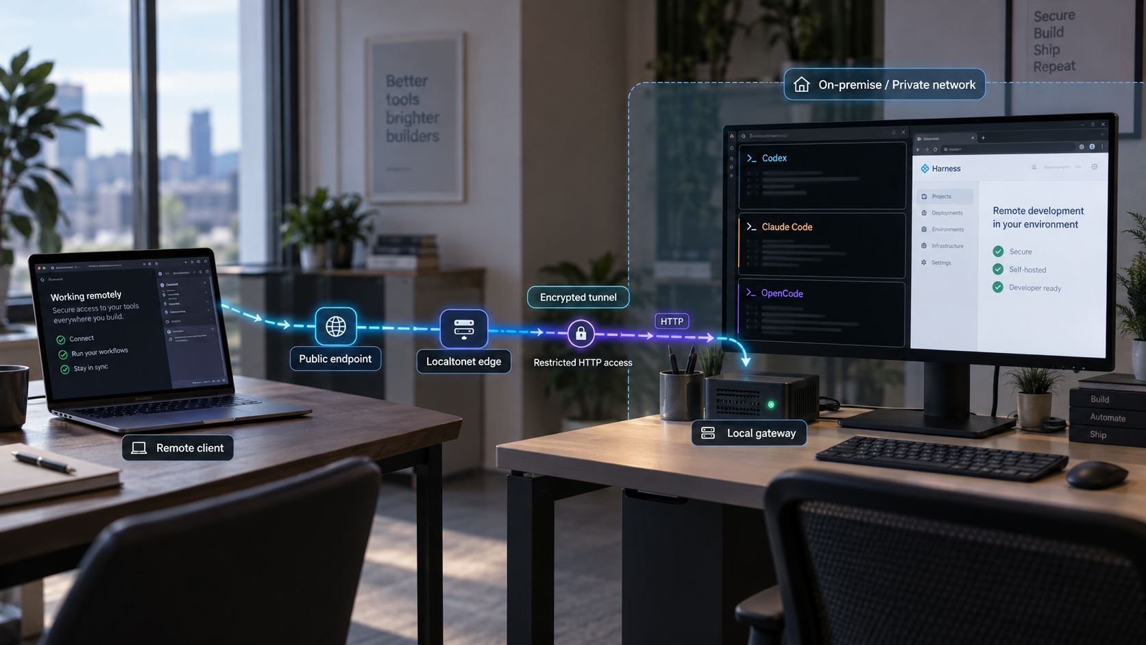 Remote client connecting through Localtonet to a self-hosted Harness Remote gateway and native coding sessions.