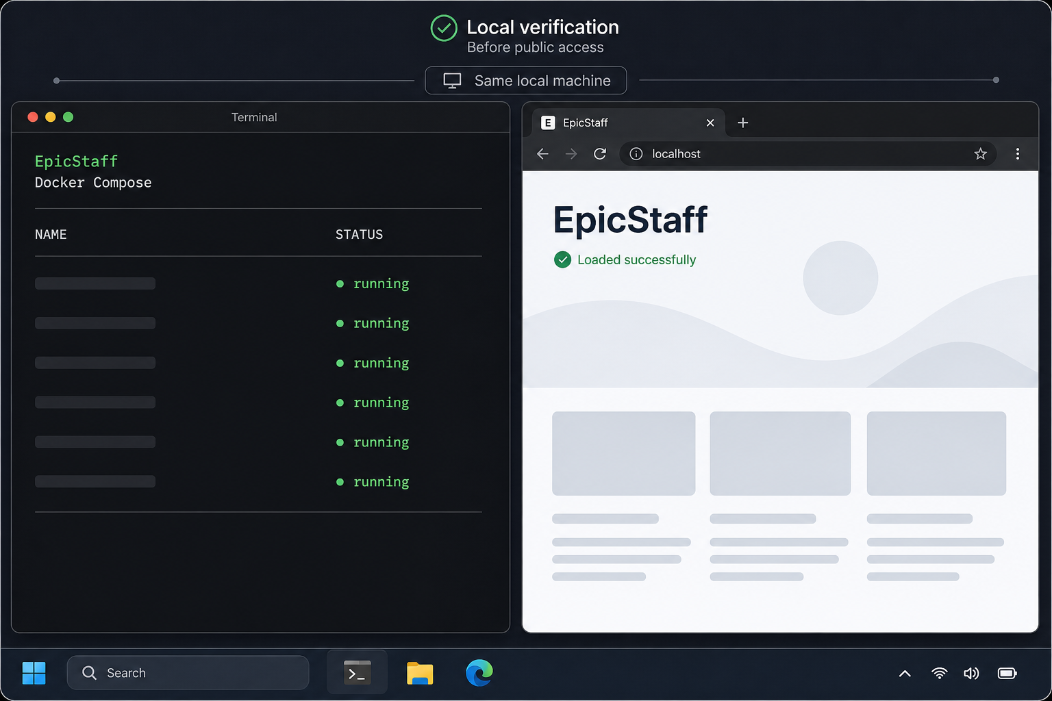 Docker services running beside an EpicStaff page loaded through localhost.