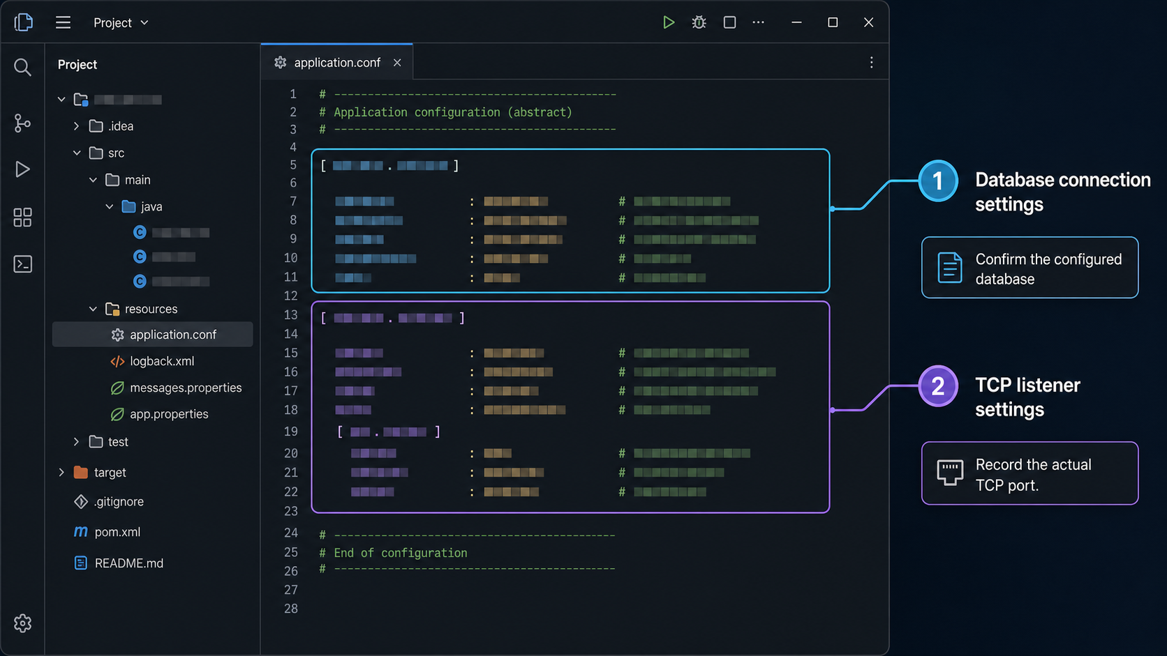 A project configuration view highlights the database settings and TCP listener settings.