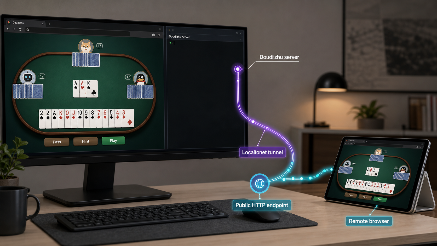 A local Doudizhu server connected to a remote browser through a Localtonet HTTP tunnel.
