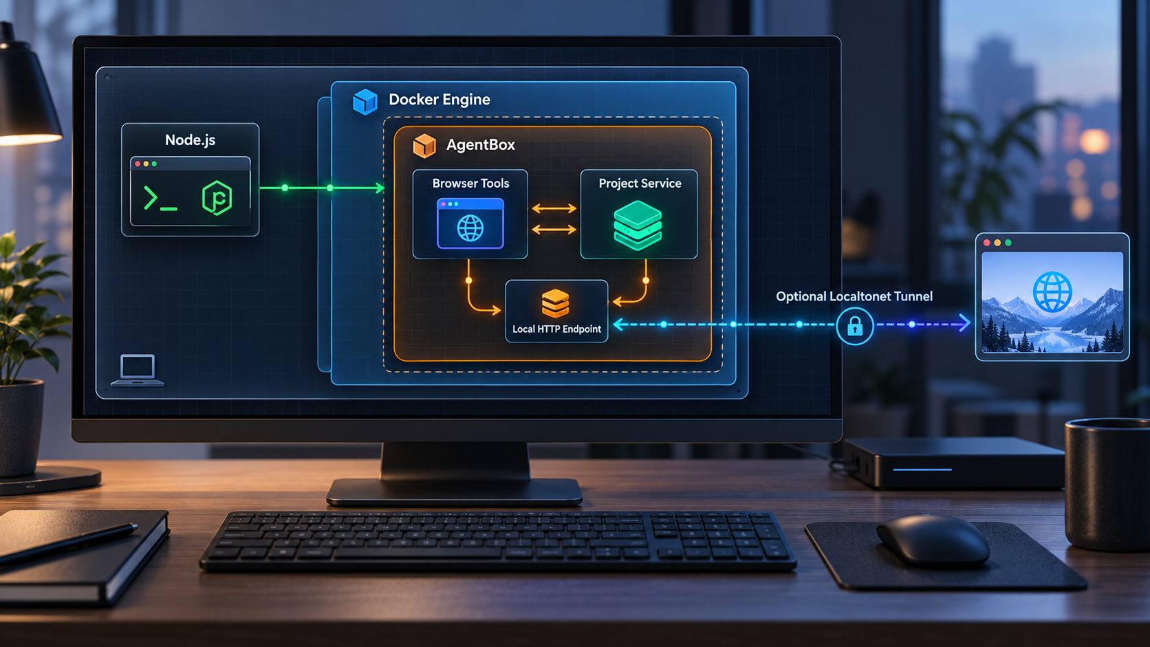 AgentBox running inside Docker with a local project service, browser tools, and an optional Localtonet tunnel.