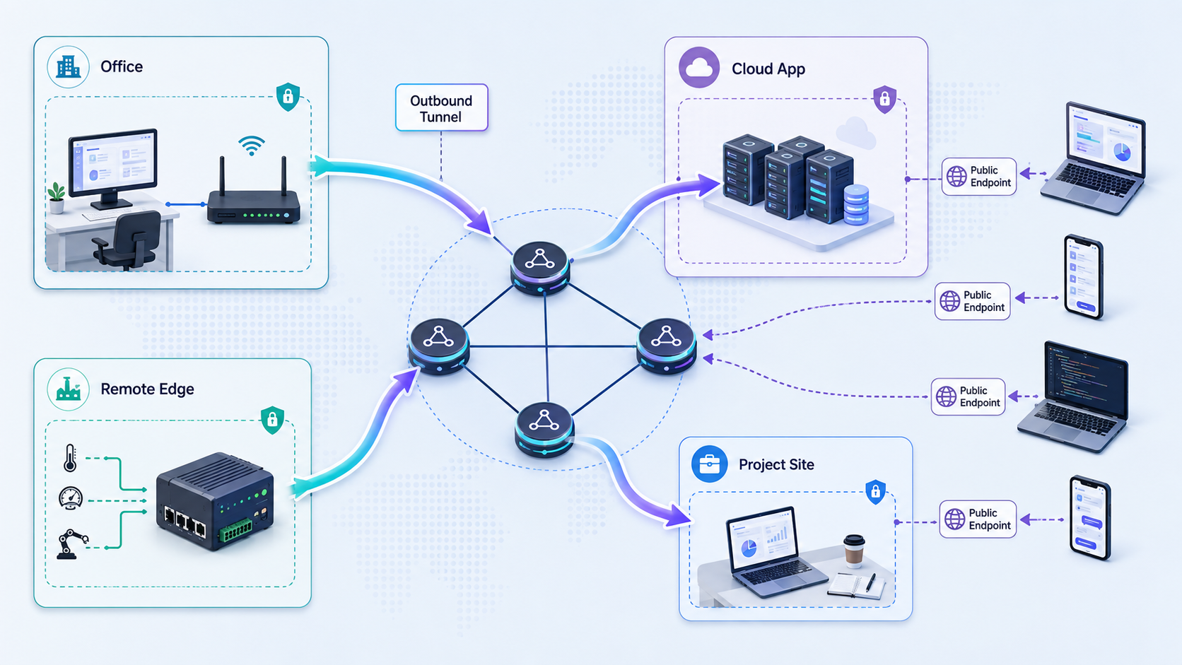 Offices, cloud applications, edge devices, and temporary sites connected through outbound tunnels.