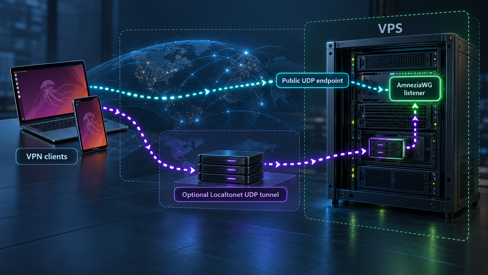 VPN clients reach AmneziaWG on a VPS either directly or through an optional Localtonet UDP tunnel.