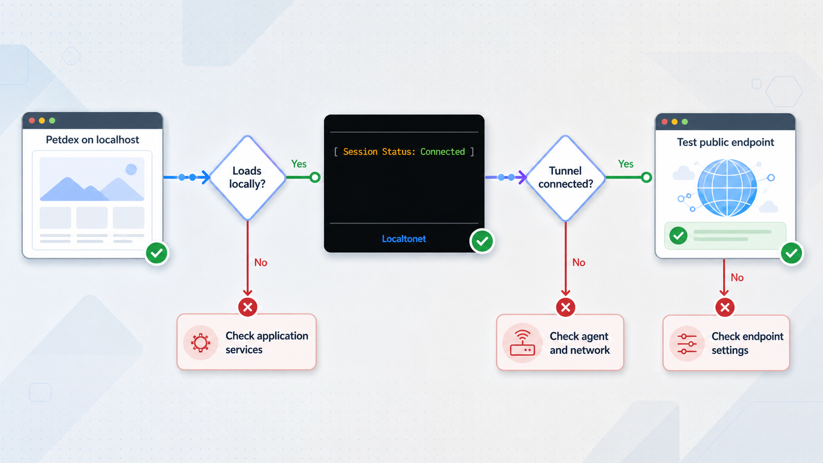 Diagnostic flow checking Petdex locally, the Localtonet connection, and the public endpoint.
