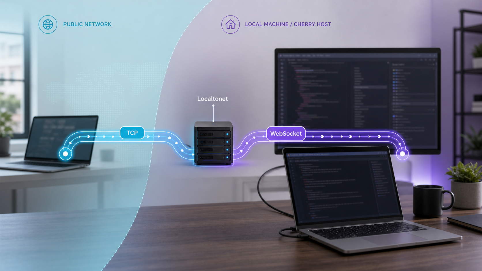 A local Cherry game server connected to a remote client through a Localtonet tunnel.