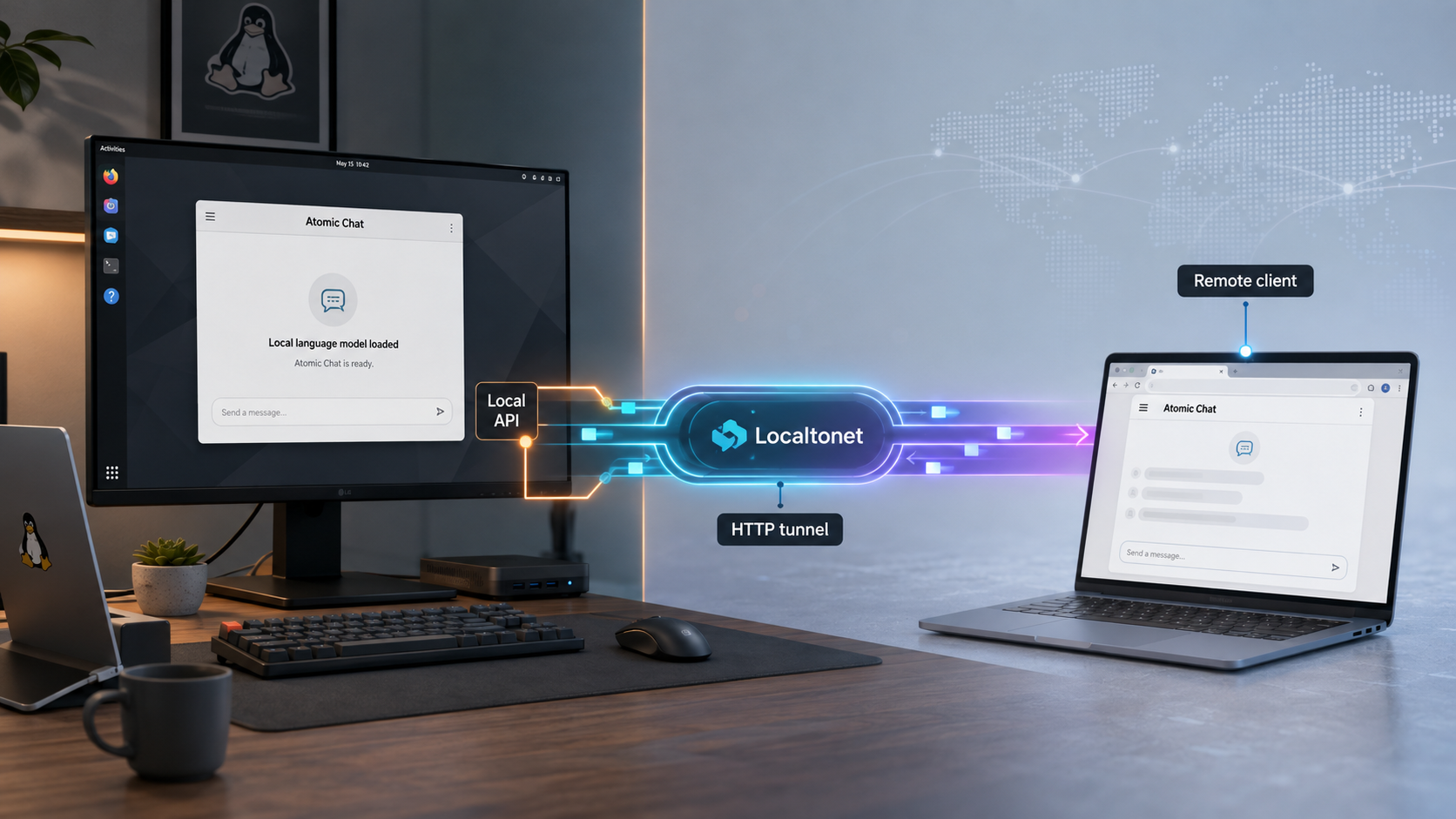 Atomic Chat running on a Linux workstation and serving a remote client through a Localtonet HTTP tunnel.
