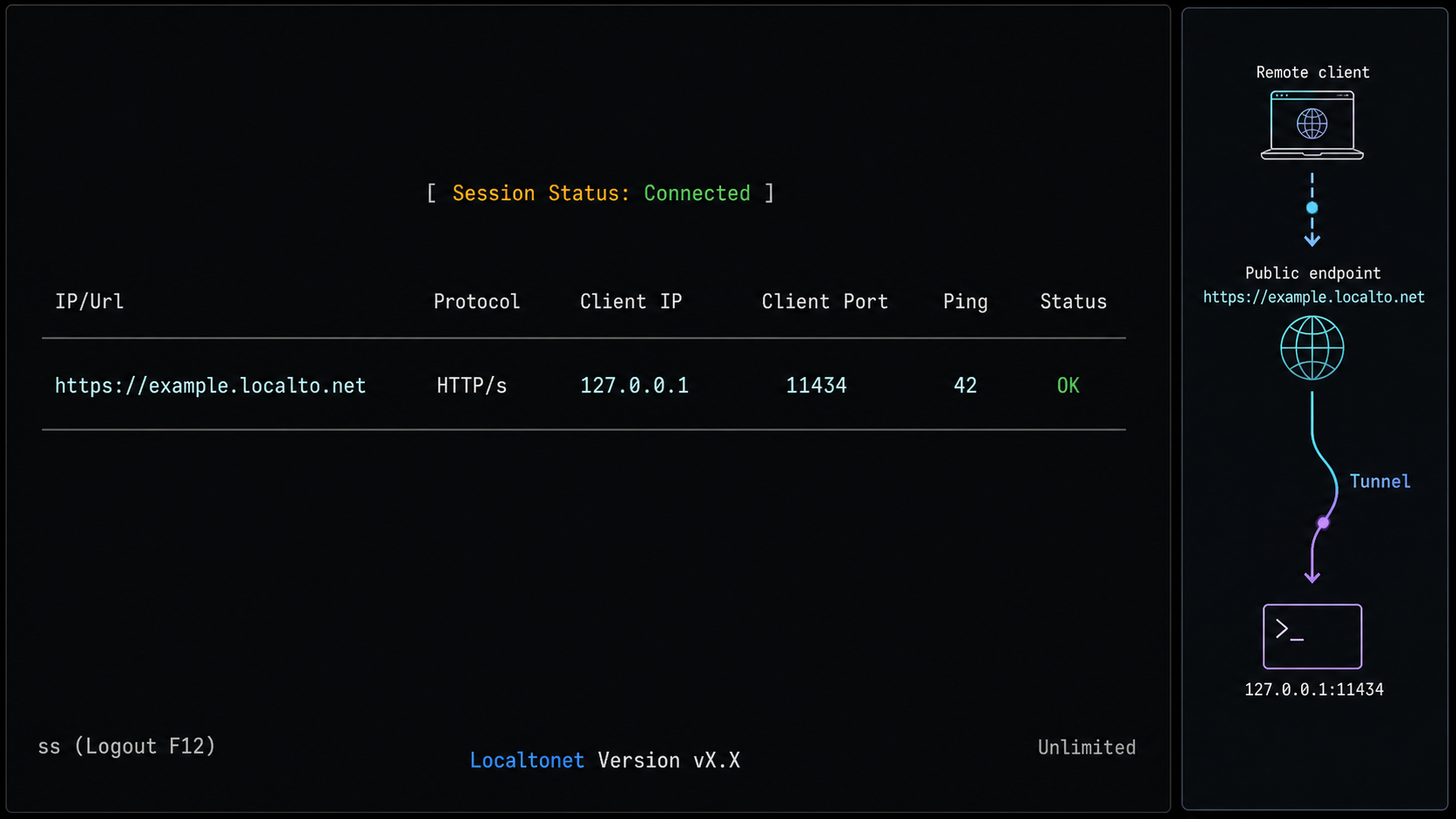 Connected Localtonet console mapping a public endpoint to Ollama on port 11434.