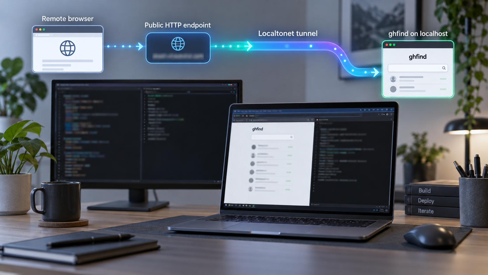 A Localtonet HTTP tunnel connects a remote browser to ghfind running on a local workstation.