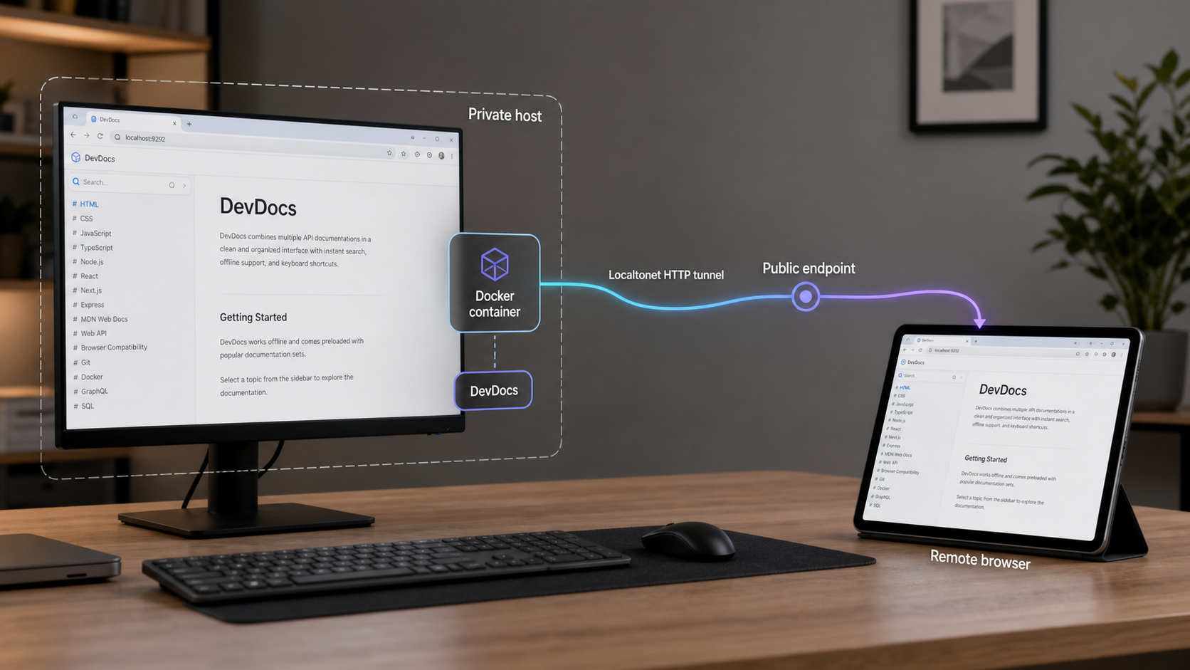 DevDocs running in Docker on a private computer and accessed remotely through a Localtonet HTTP tunnel.
