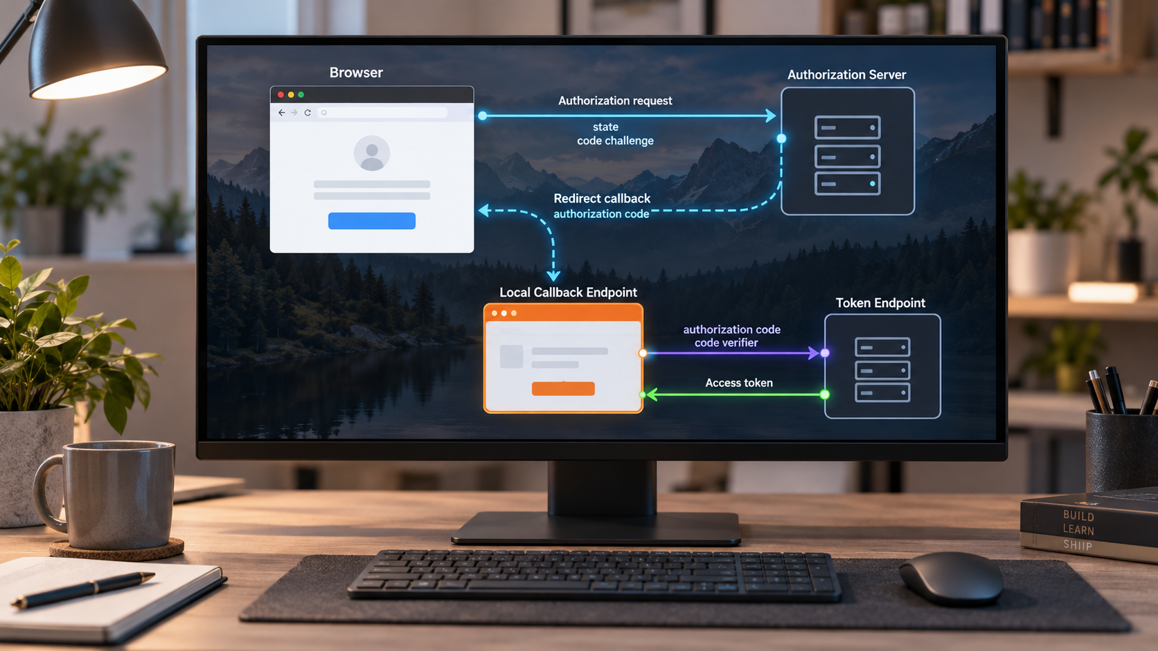 OAuth authorization code lab showing browser redirects, PKCE validation, and token exchange.