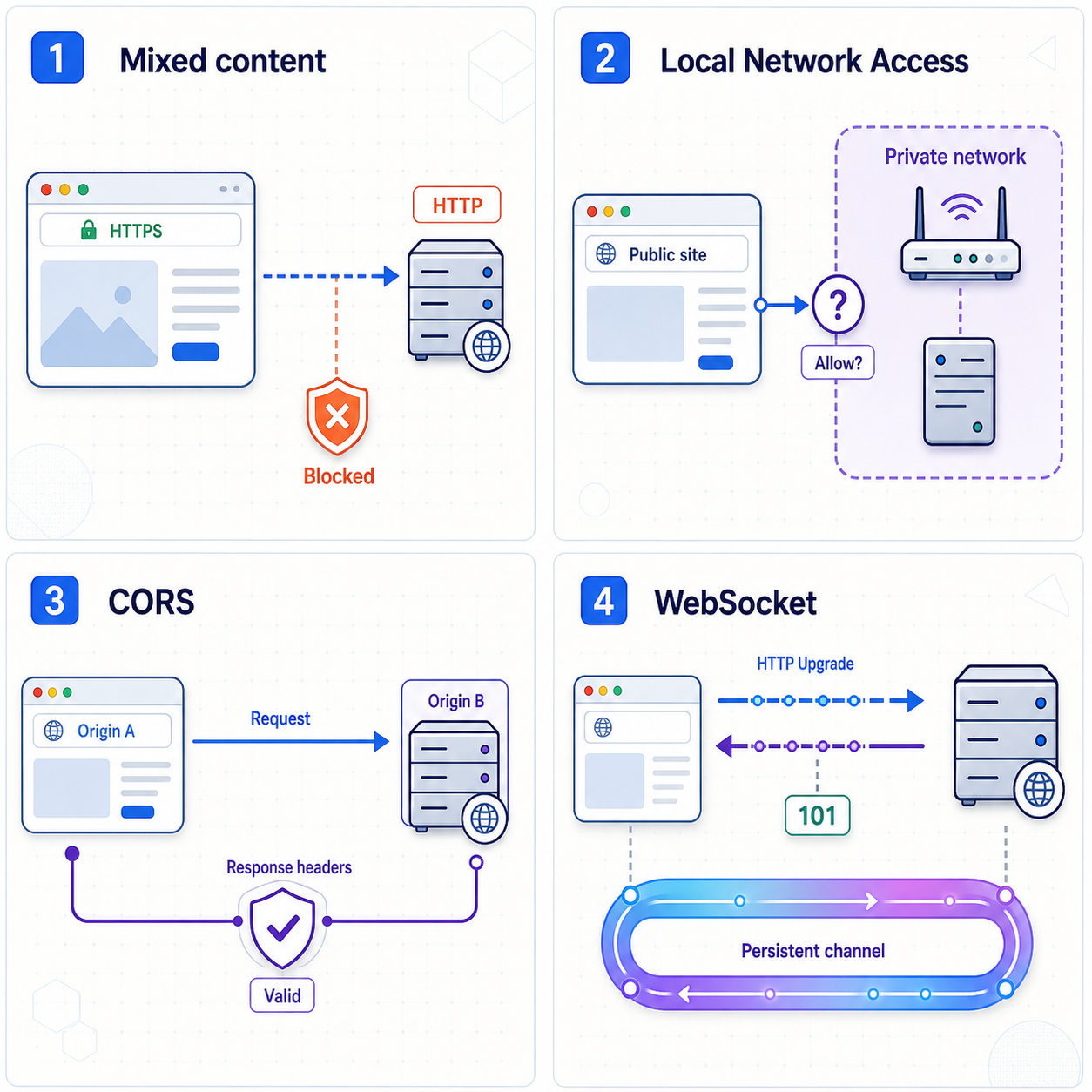 Four panels distinguish mixed content, Local Network Access, CORS, and WebSocket behavior.