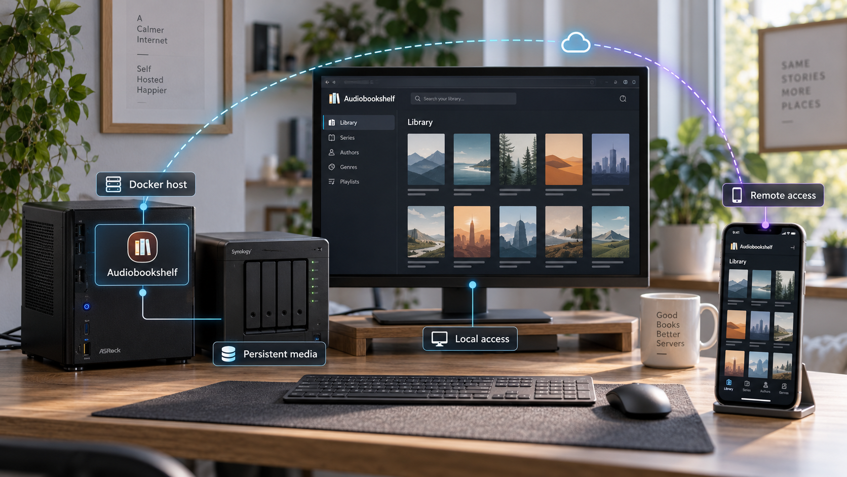 Docker host serving an Audiobookshelf library to local and remote devices.