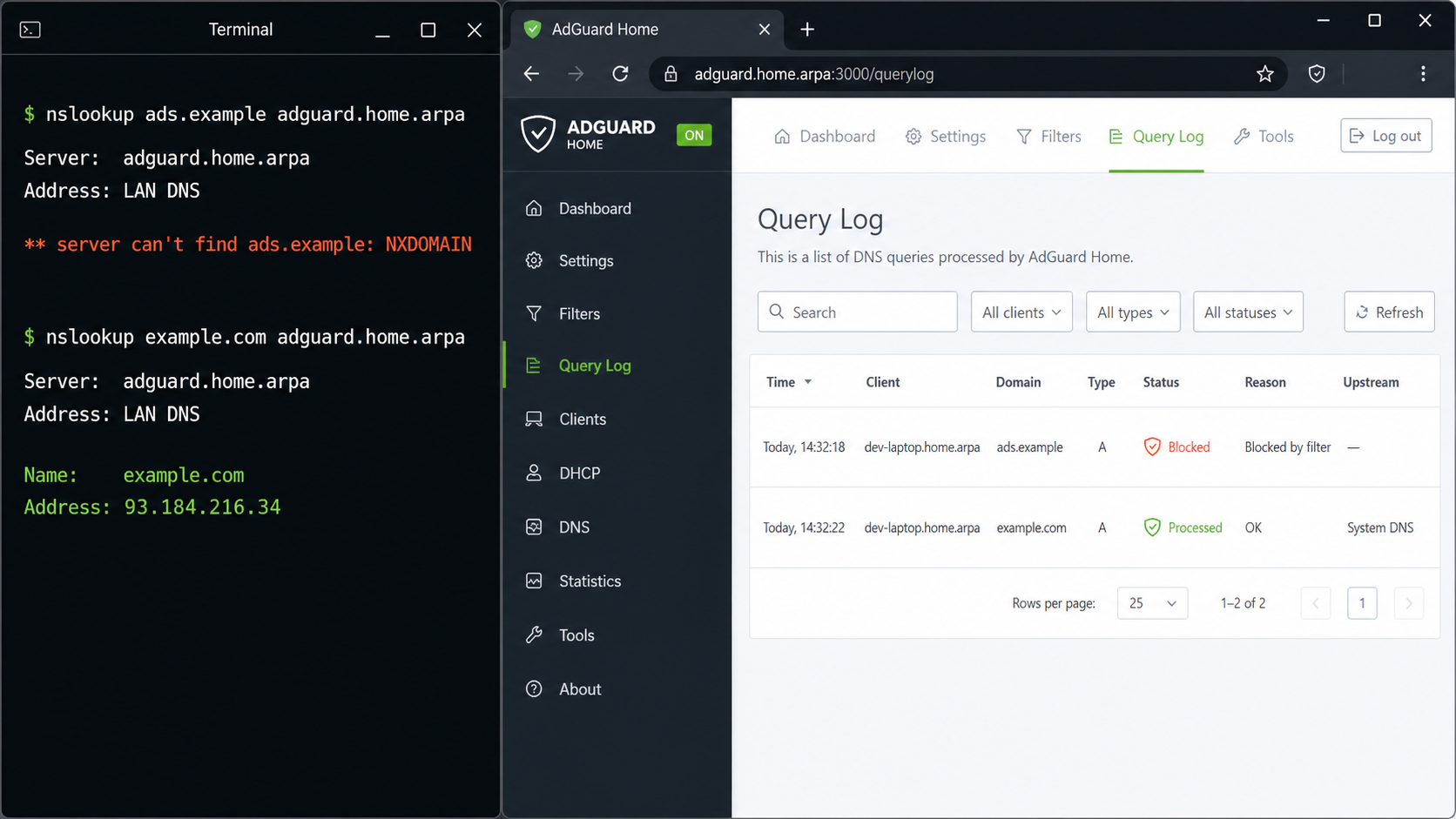 Client DNS lookup results correspond to blocked and allowed entries in the AdGuard Home query log.