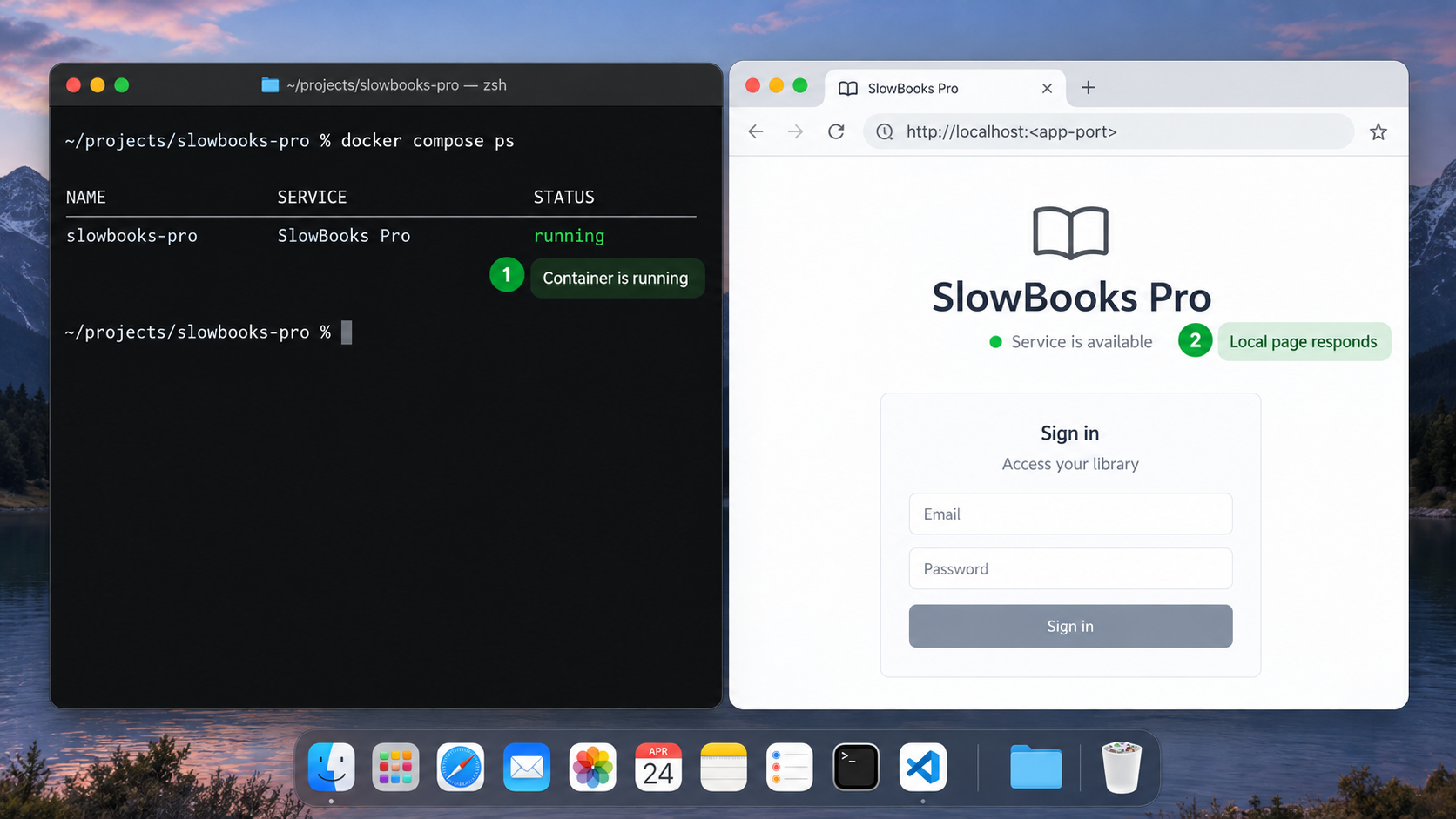 Docker Compose status and a local browser response used to verify SlowBooks Pro.