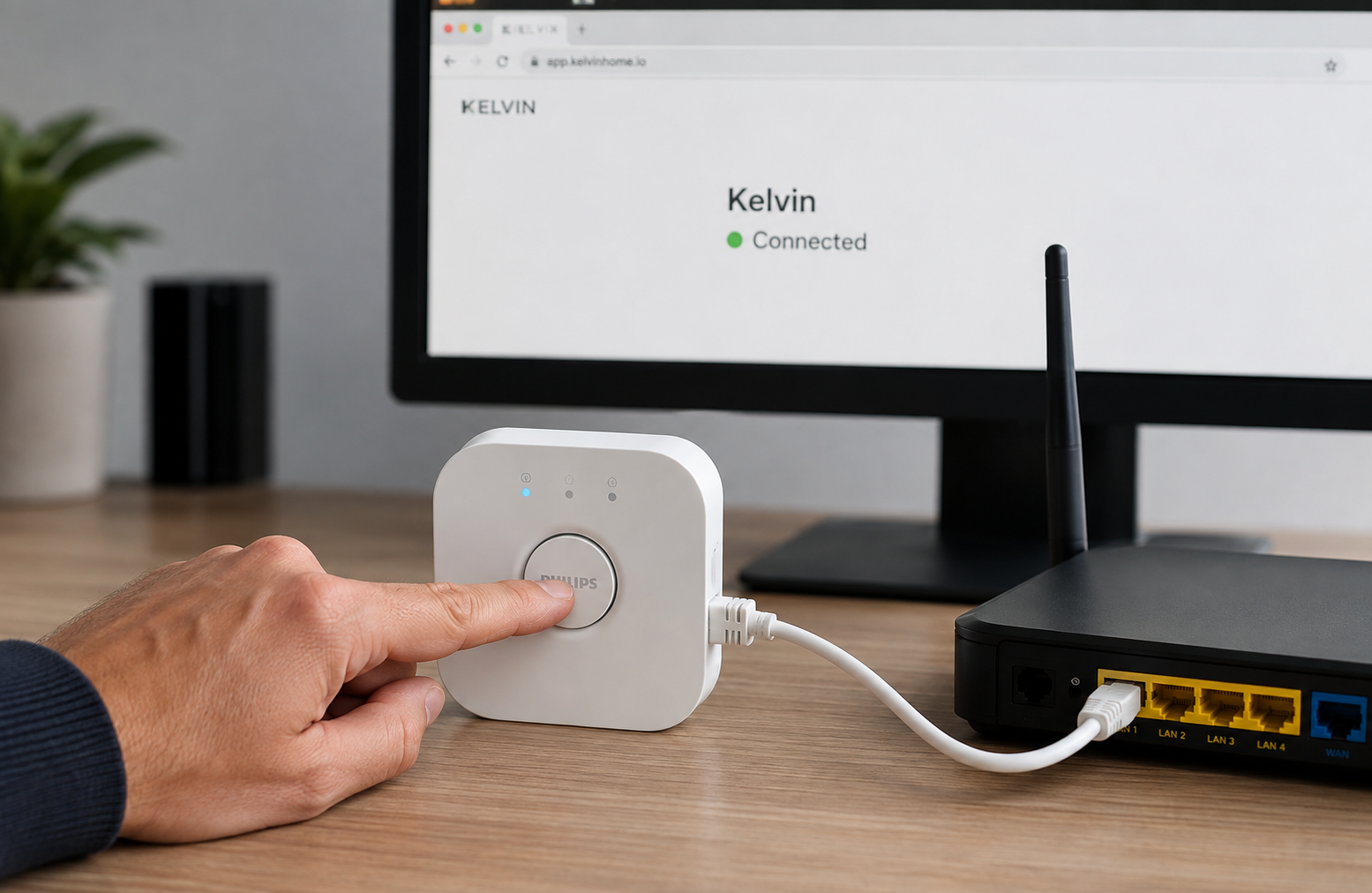 A hand presses the Hue Bridge link button while Kelvin is open nearby.