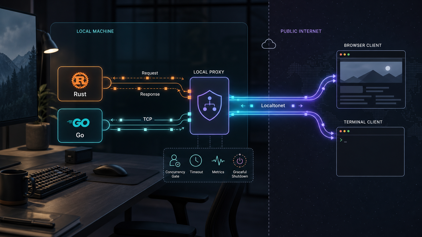 Rust and Go micro proxies carrying HTTP and TCP traffic through an outbound tunnel.