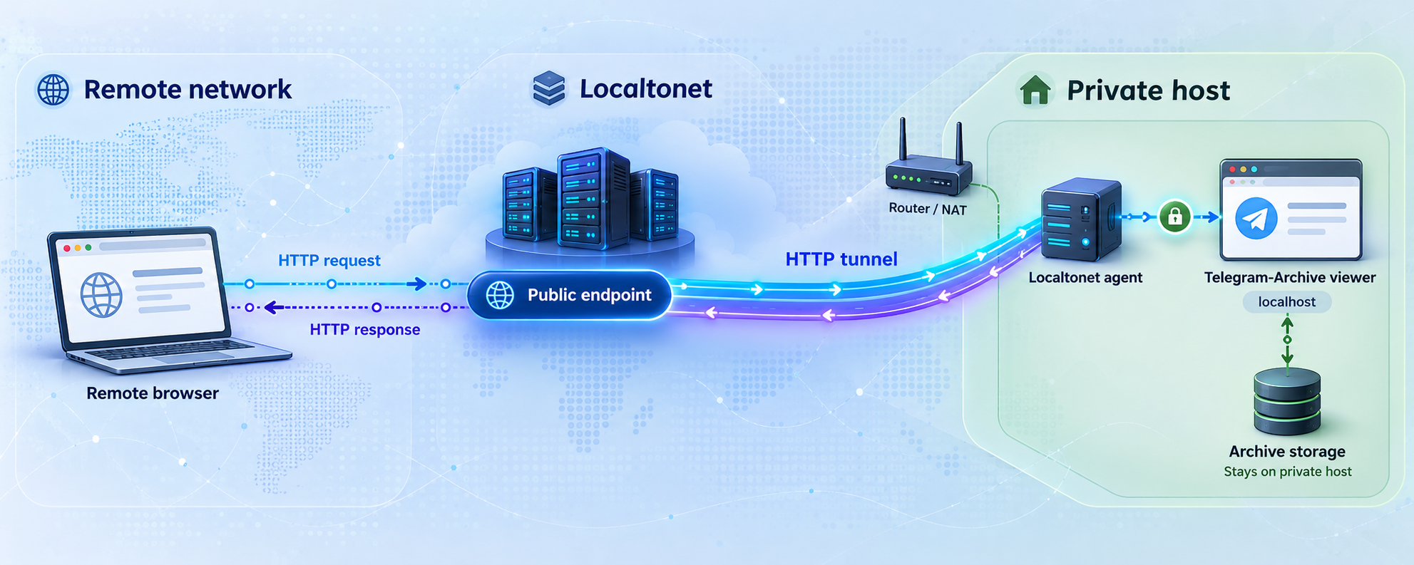 Remote browser traffic passes through a Localtonet HTTP tunnel to the archive viewer on a private host.