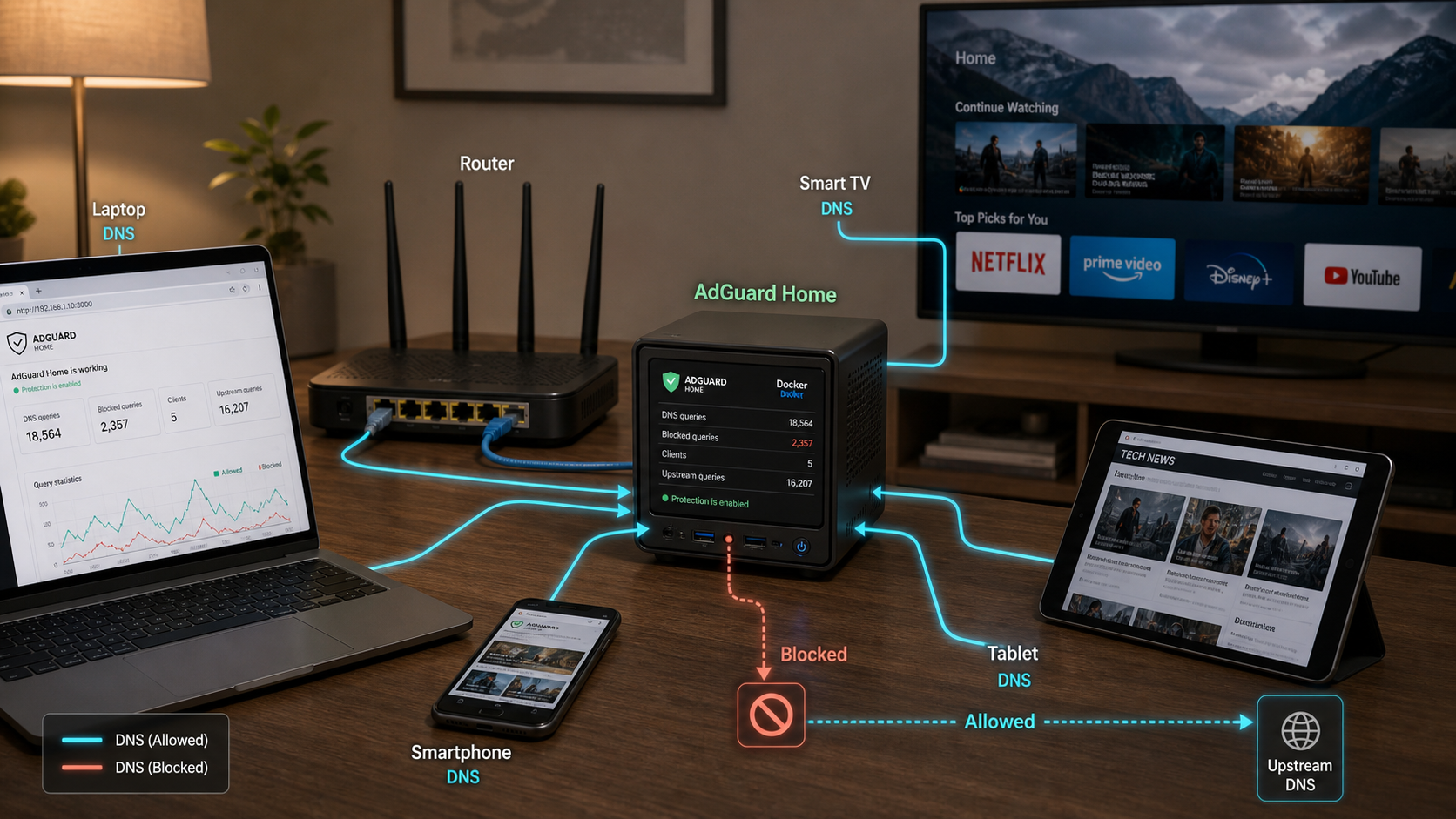 Home devices send DNS requests through a local AdGuard Home server, which blocks advertising and tracking domains.