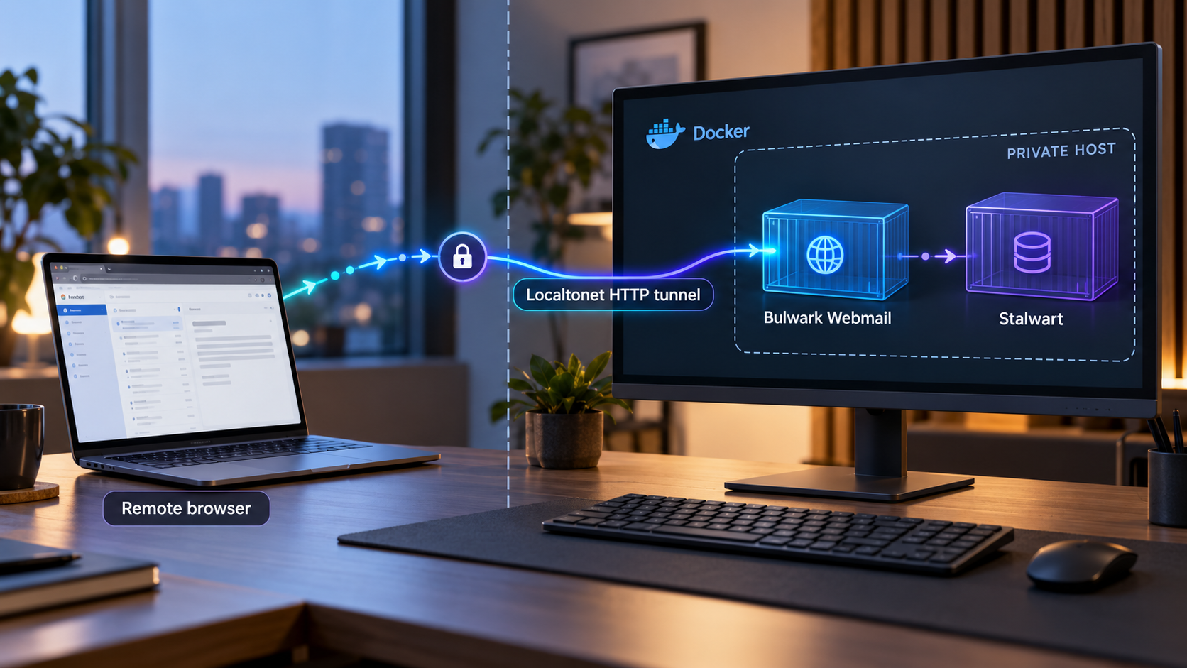 Remote browser reaching Docker-hosted Bulwark Webmail through a Localtonet tunnel, with Stalwart kept private.