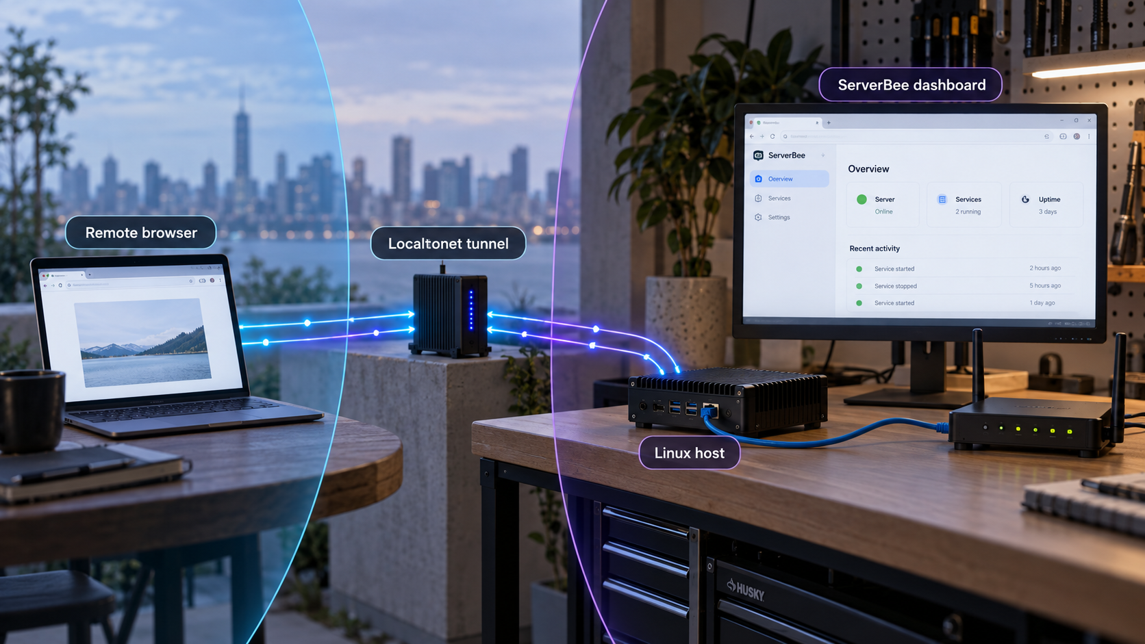 A remote browser reaches a ServerBee dashboard on a Linux host through a Localtonet tunnel.