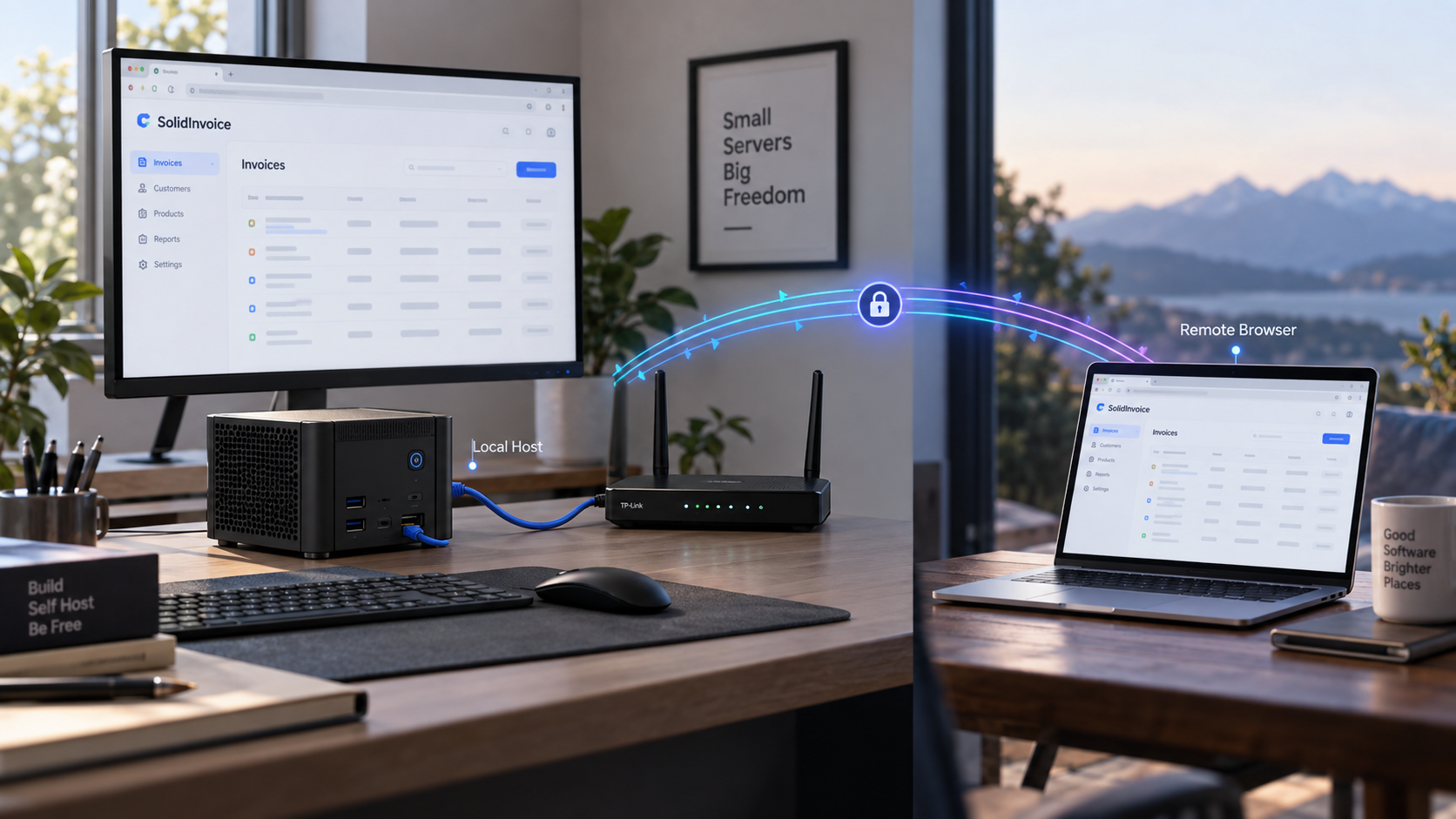 A self-hosted SolidInvoice server connected to a remote browser through a secure Localtonet tunnel.