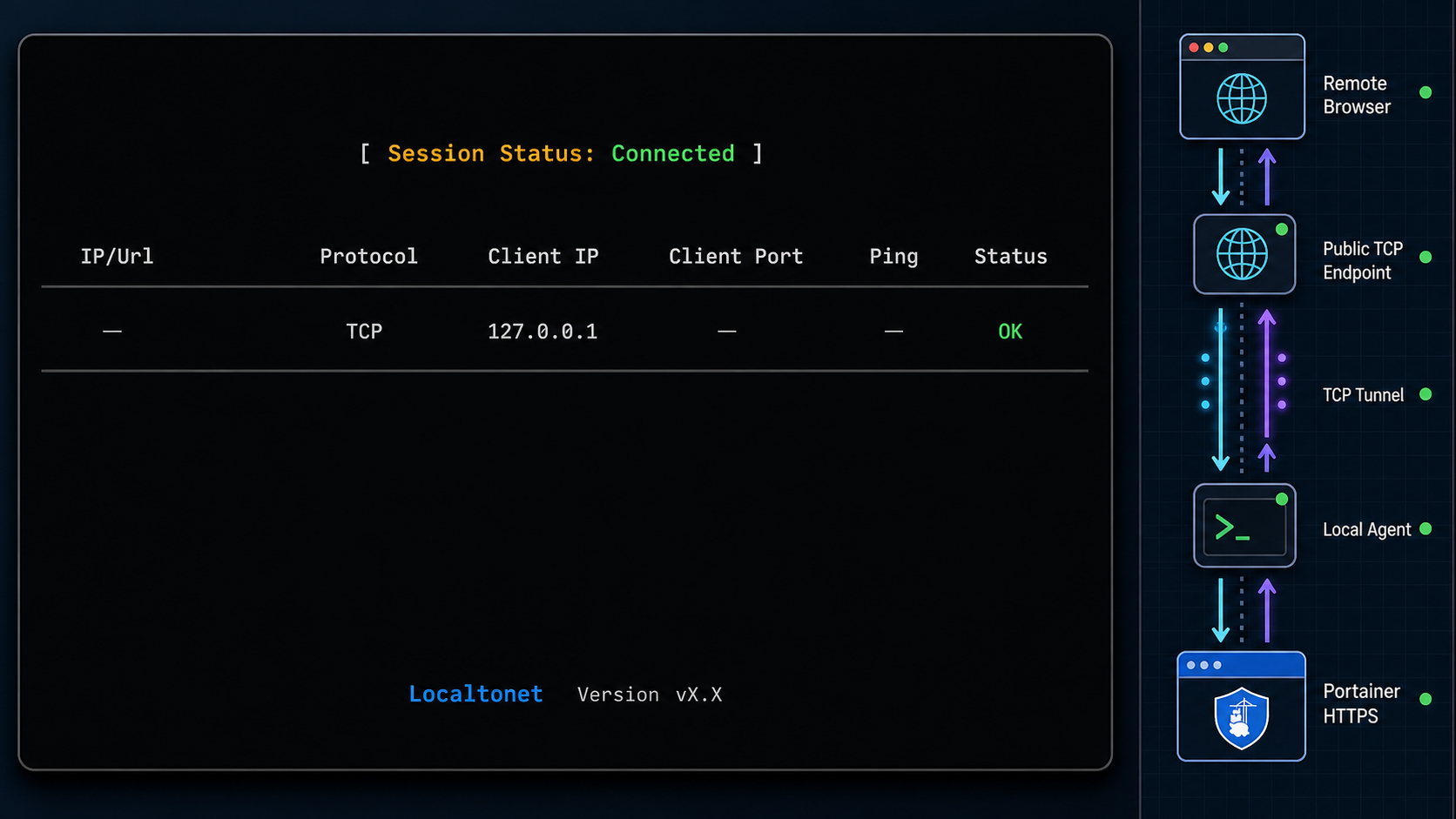Connected Localtonet TCP tunnel forwarding remote traffic to the local Portainer endpoint.