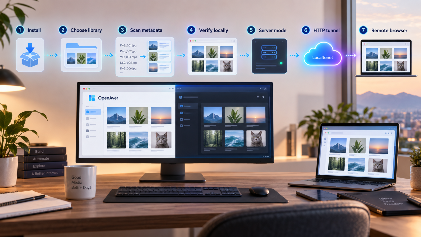OpenAver workflow from installation and library scanning to local verification and remote browser access.