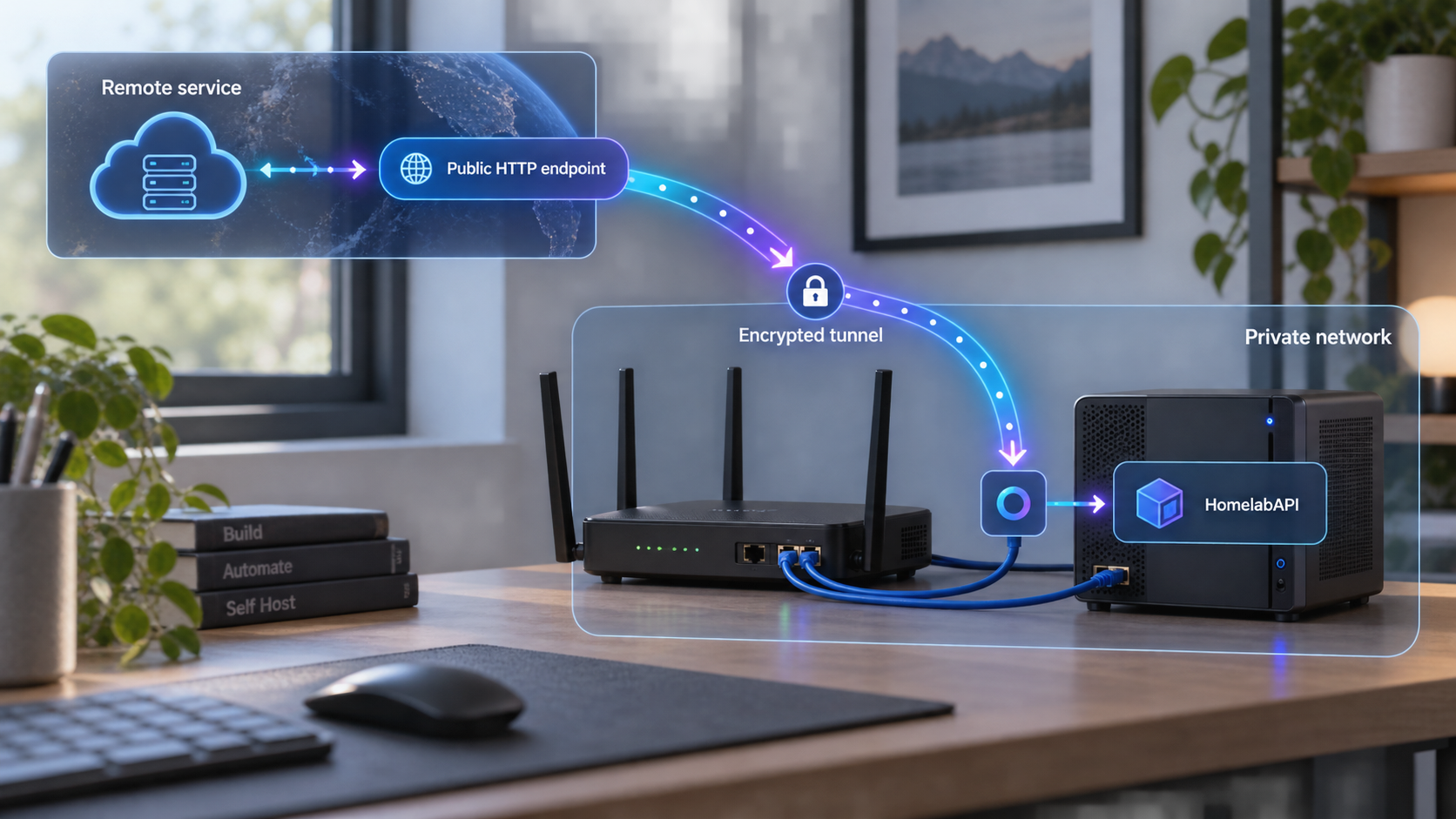 Remote webhook traffic reaches a self-hosted HomelabAPI container through a Localtonet tunnel.