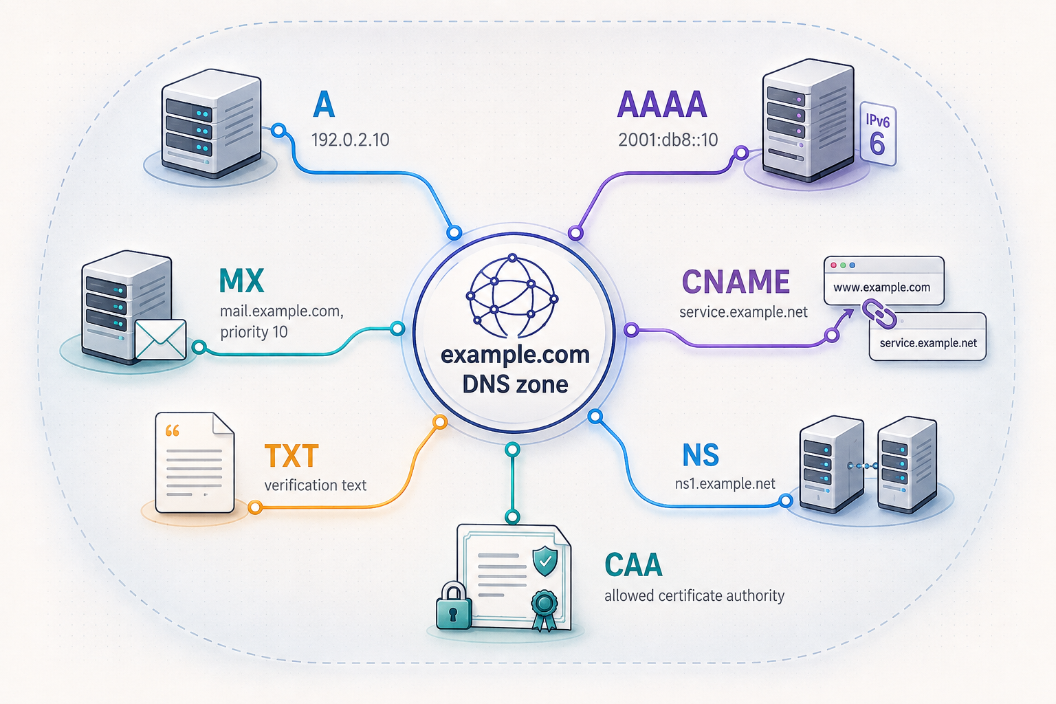 Common DNS record types and the destinations or data they represent.