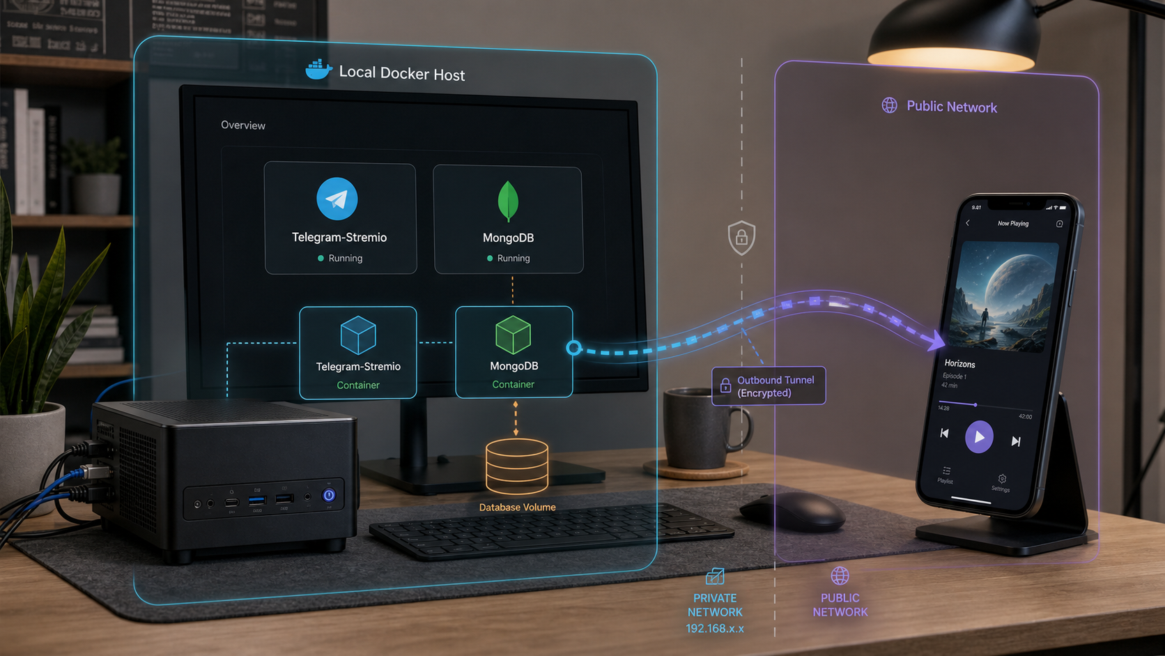Telegram-Stremio and MongoDB running in Docker with a tunnel to a remote client.