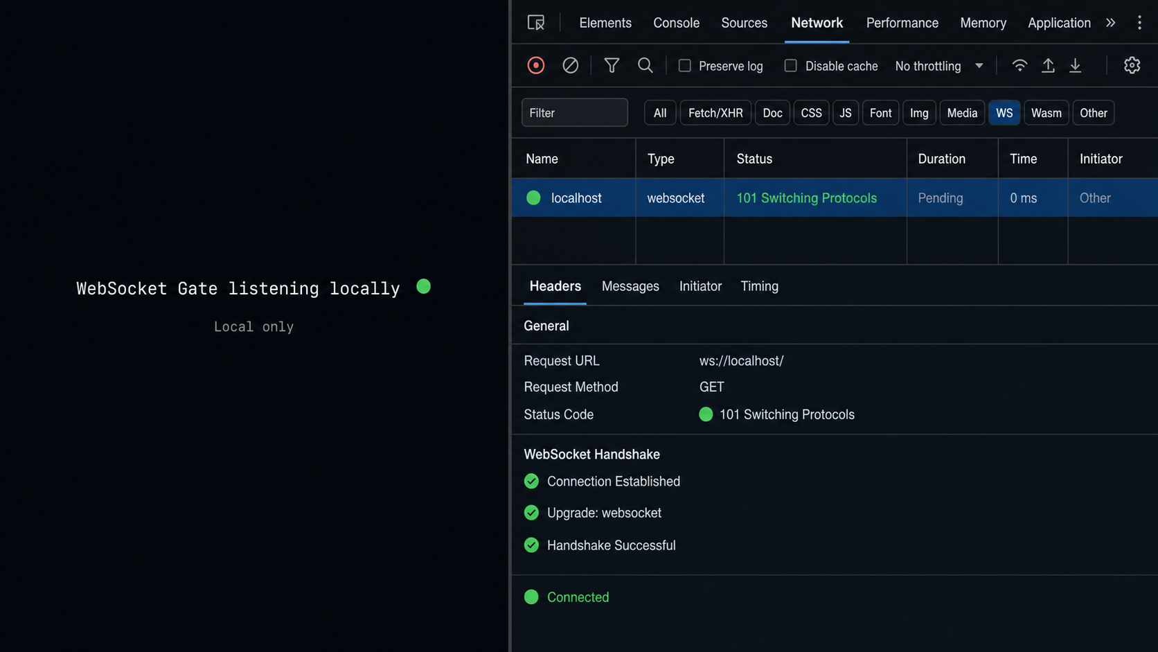 A local WebSocket connection succeeds with status 101 while the due Gate is running.