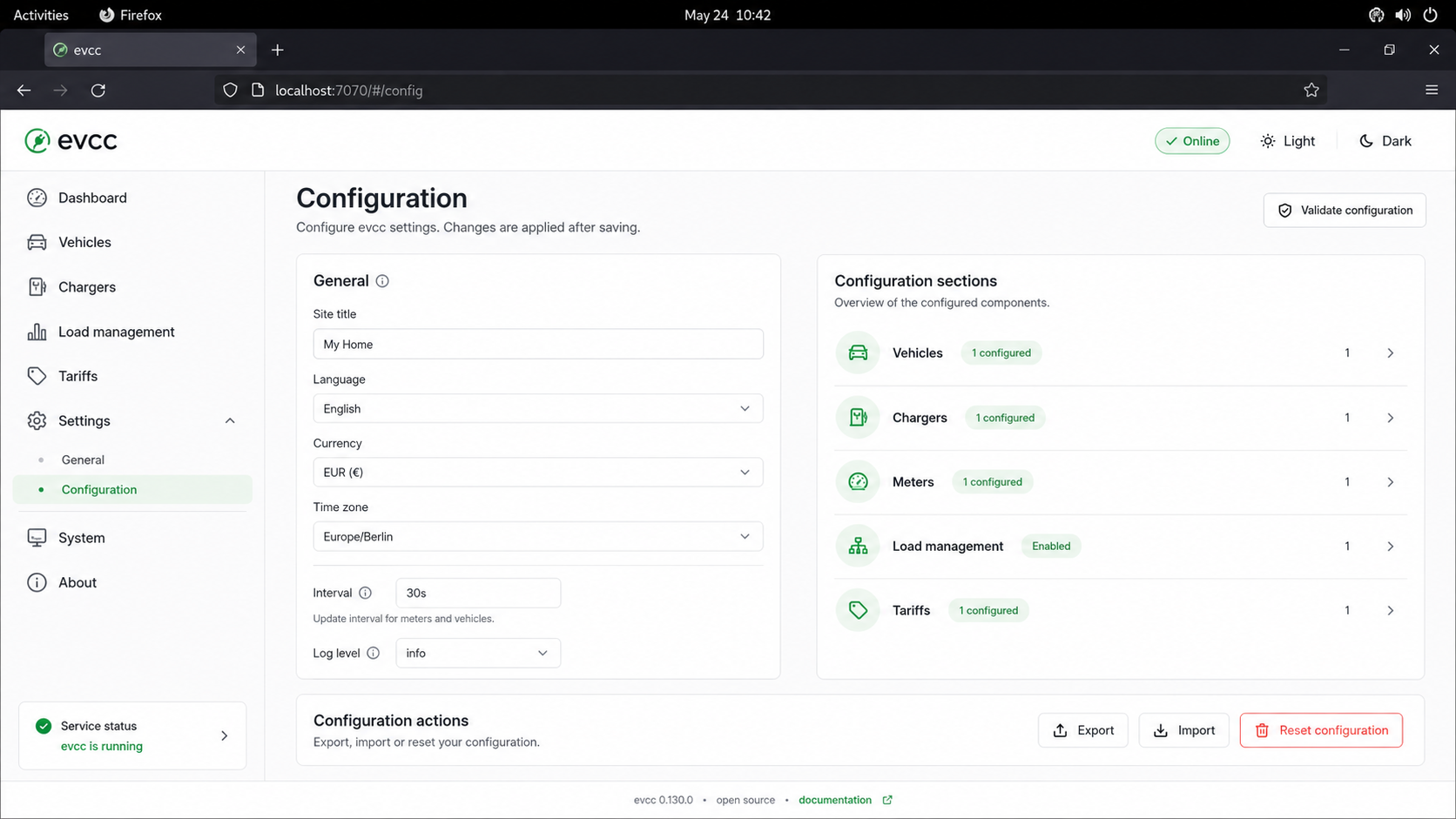 Local evcc web interface open for configuration on a Linux desktop.