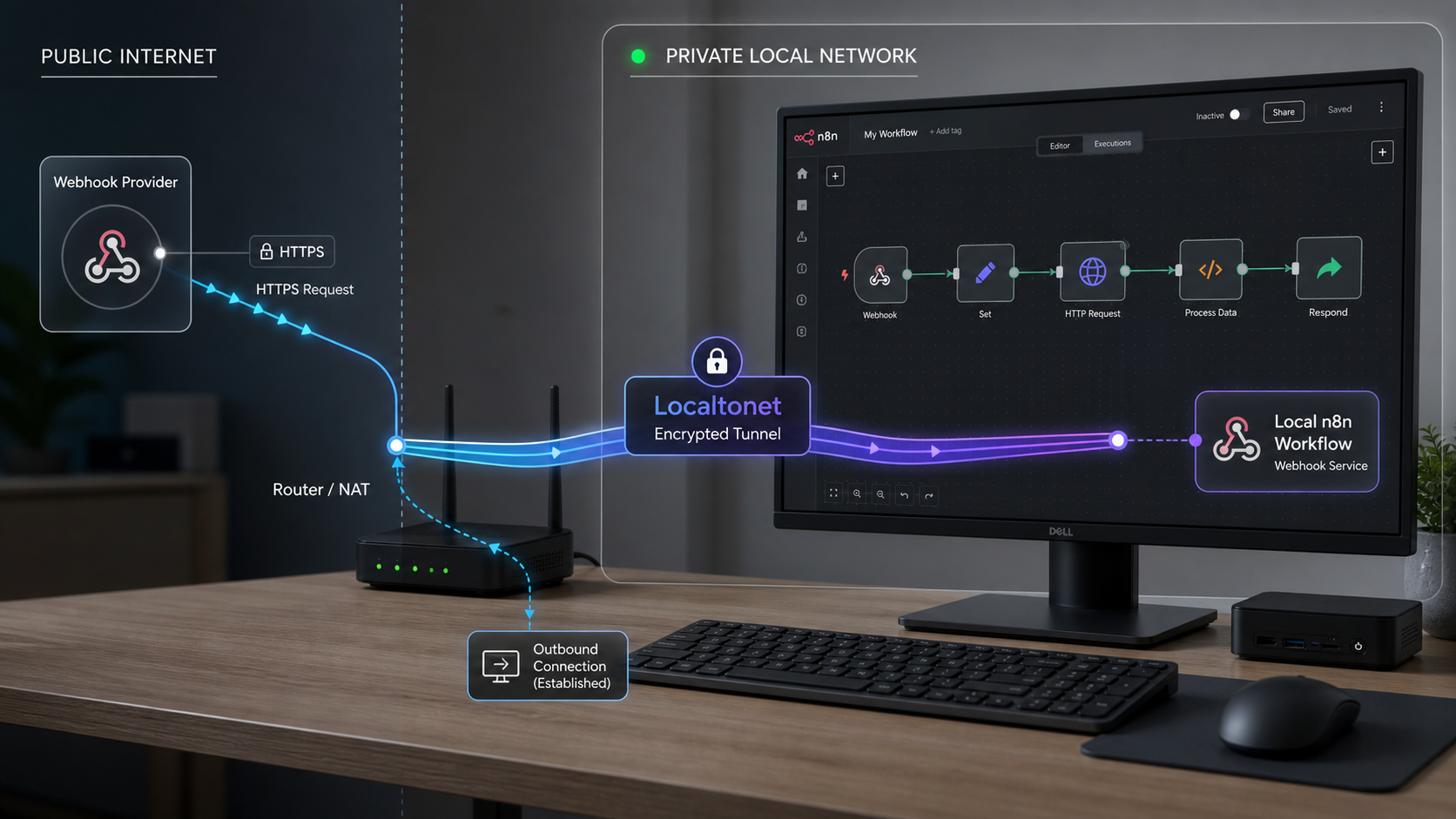 Public webhook traffic reaching a local n8n workflow through a Localtonet tunnel.