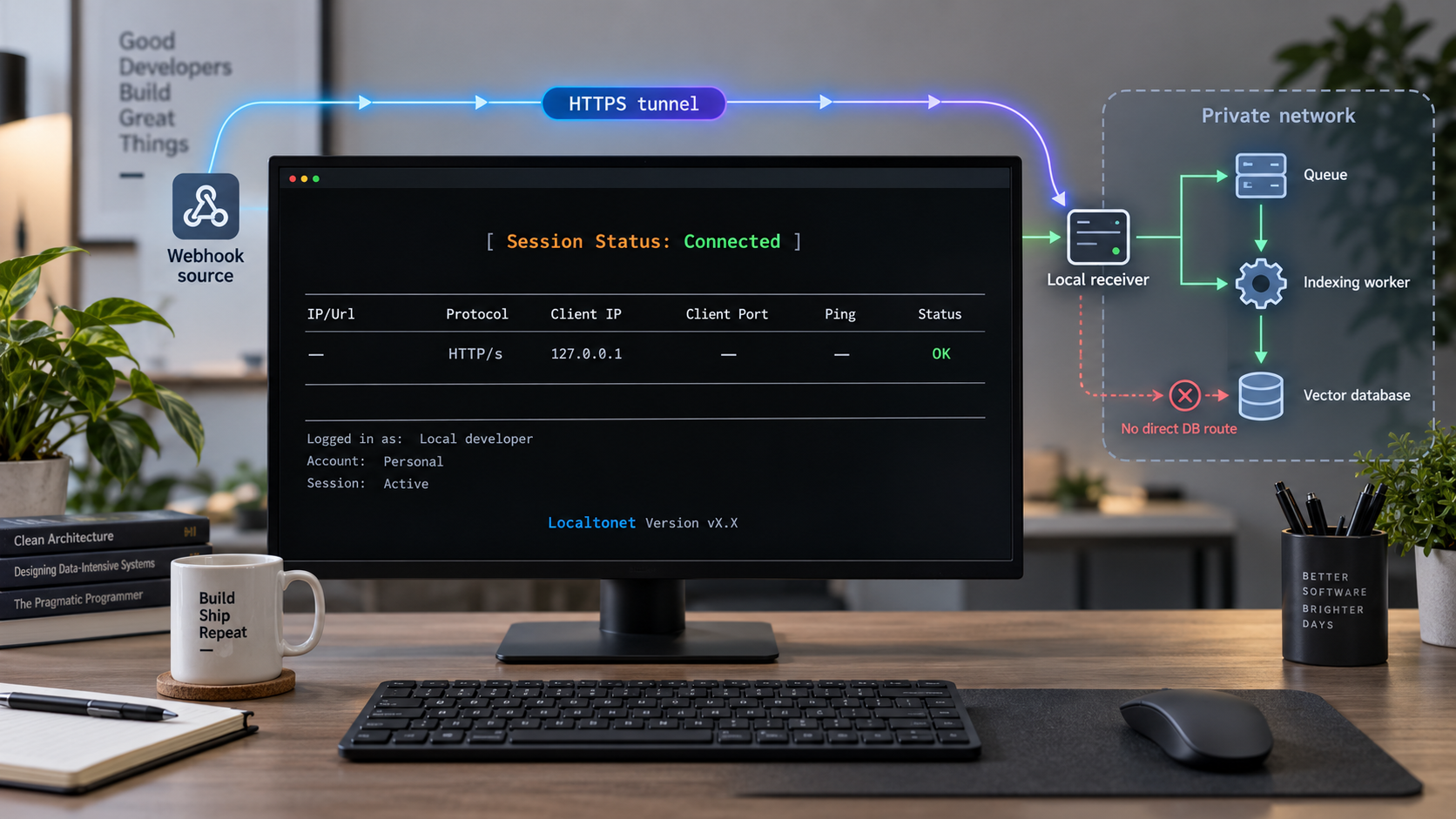 A Localtonet HTTP tunnel reaches a local webhook receiver while the queue, indexer, and vector database remain private.