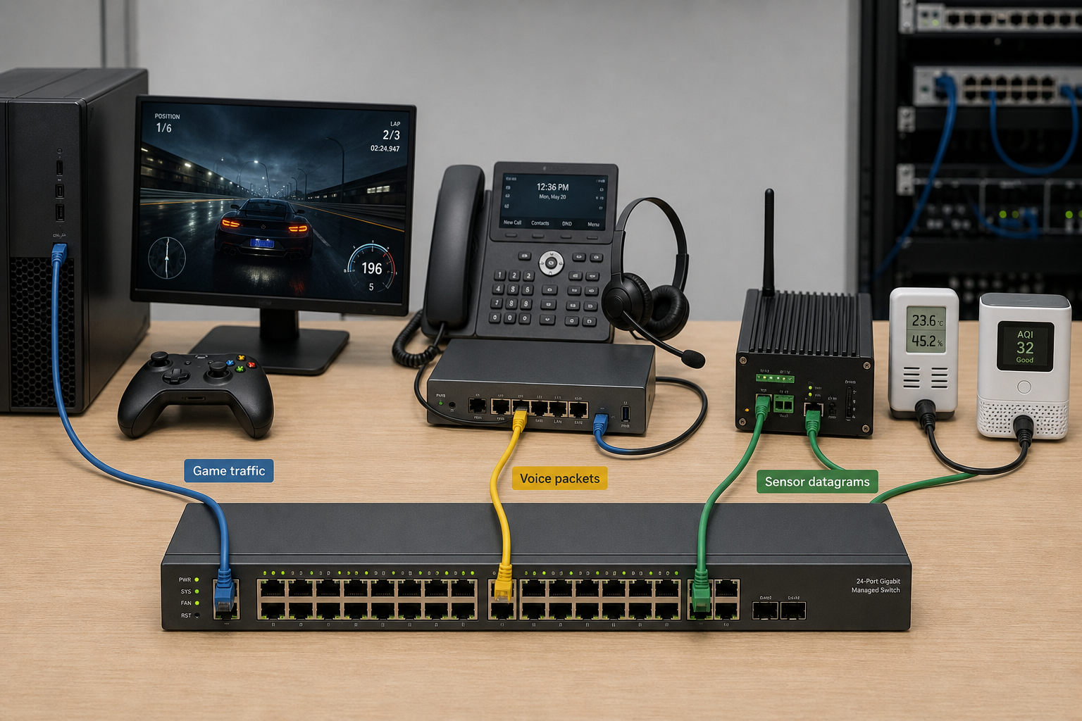 Game server, VoIP phone, and IoT gateway connected on a network test bench.