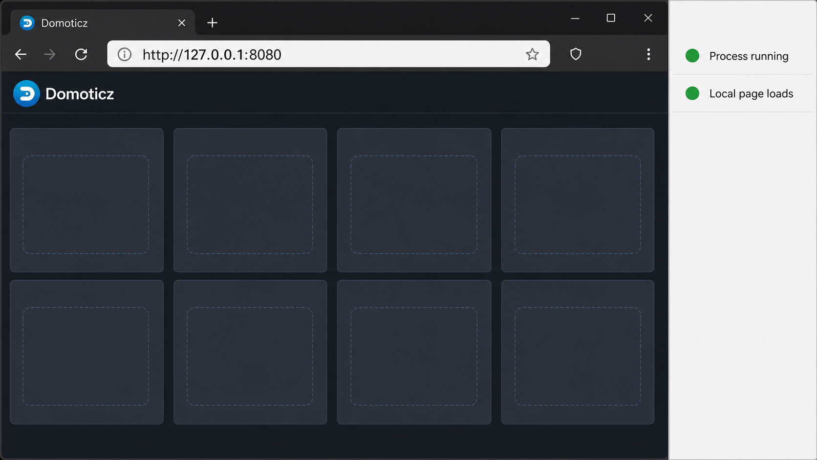 Domoticz web interface loading from the Linux host loopback address with local verification checks.
