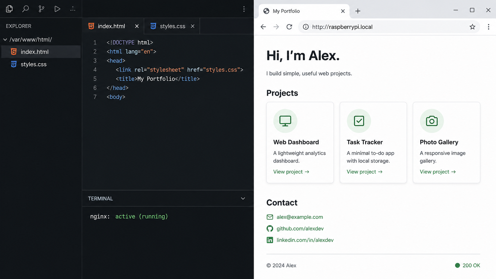 Portfolio files in the Nginx web directory beside a successful local browser test.