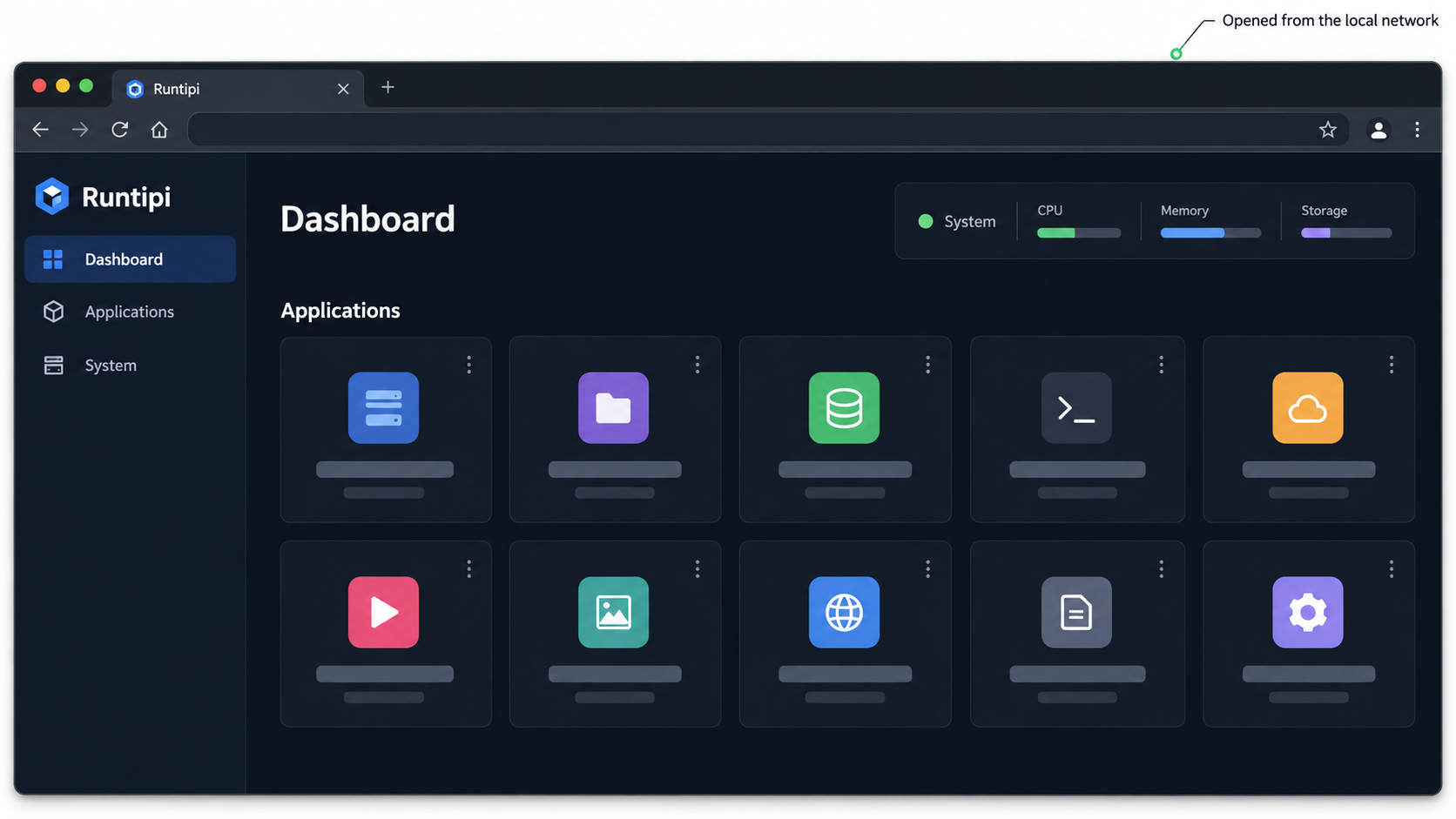 Runtipi dashboard open in a browser on the local network.