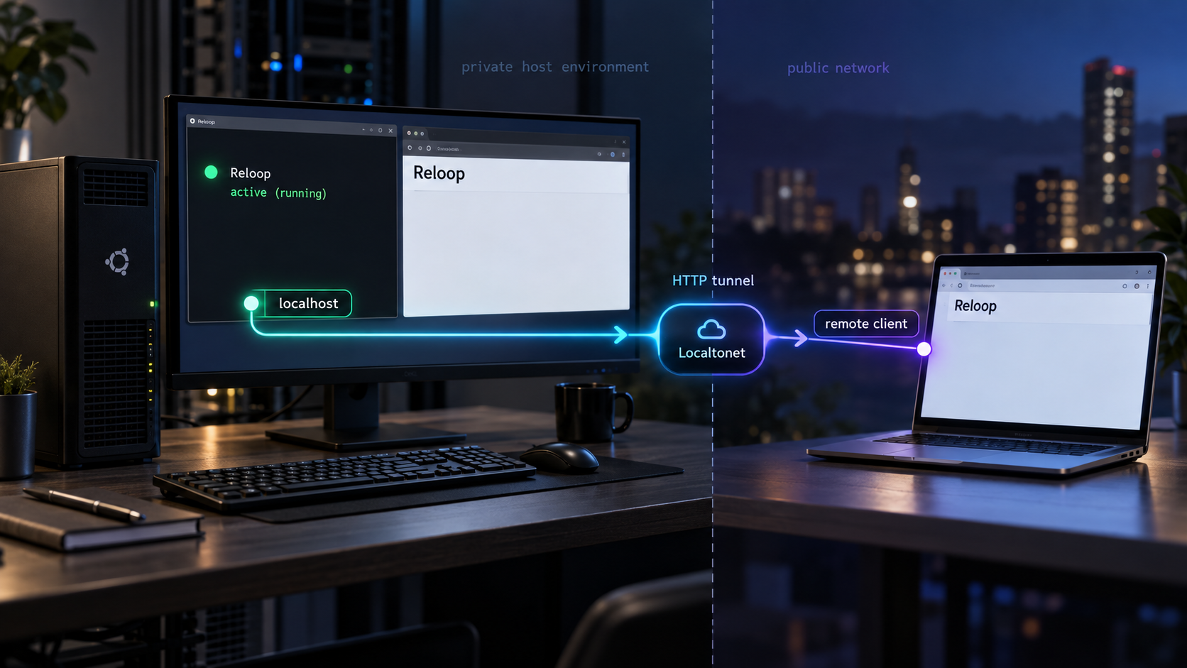 Reloop running locally on a Linux server and connected to a remote browser through a Localtonet HTTP tunnel.