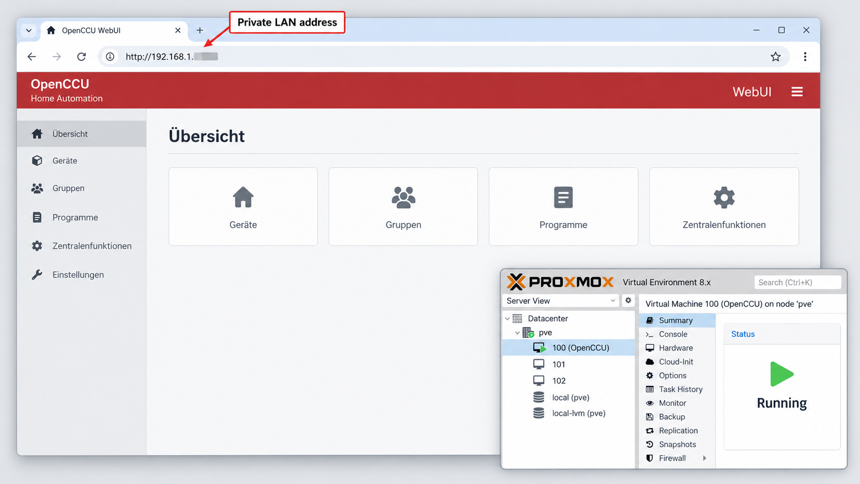 OpenCCU WebUI loading from a private LAN address while its Proxmox guest is running.