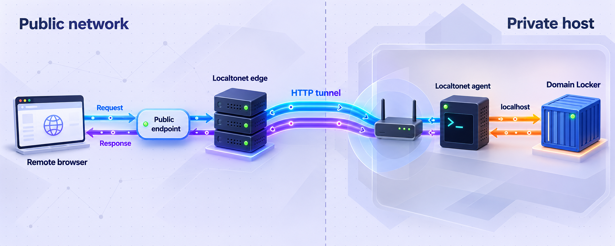 HTTP traffic travels from a remote browser through Localtonet to the local Domain Locker container.
