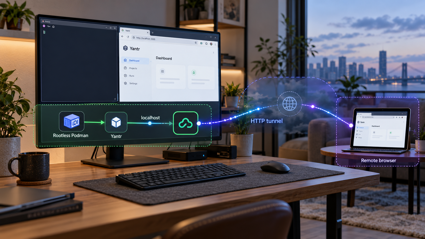Yantr running in rootless Podman and connected to a remote browser through a Localtonet HTTP tunnel.
