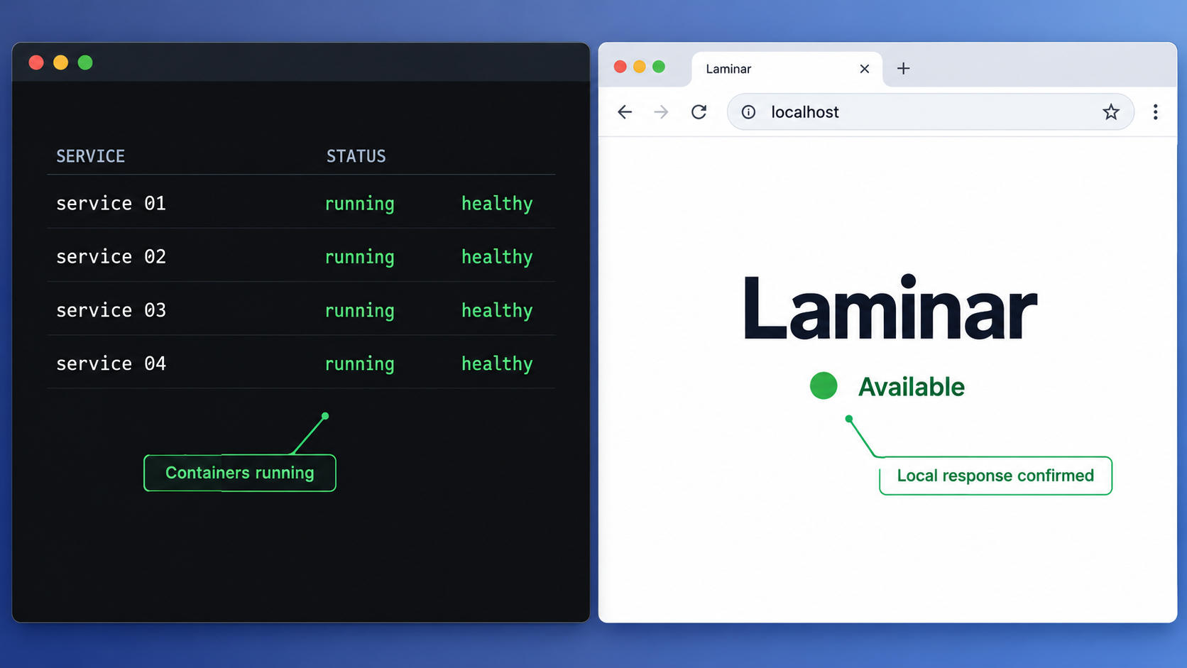 Container status and a localhost browser response confirm that Laminar is running locally.
