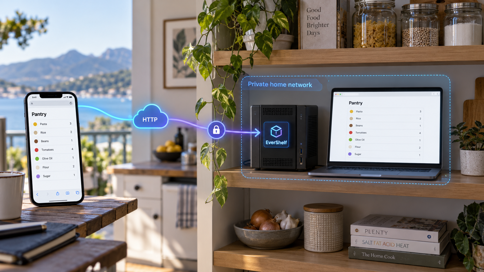 A home server running EverShelf connects to a remote phone through an HTTP tunnel.