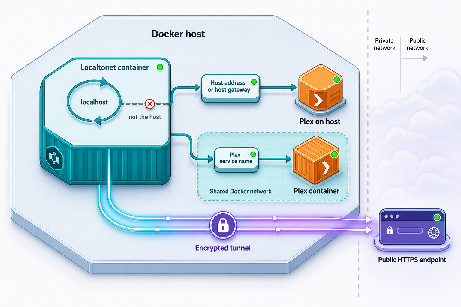 Docker network paths from a Localtonet container to Plex on the host or a shared network.