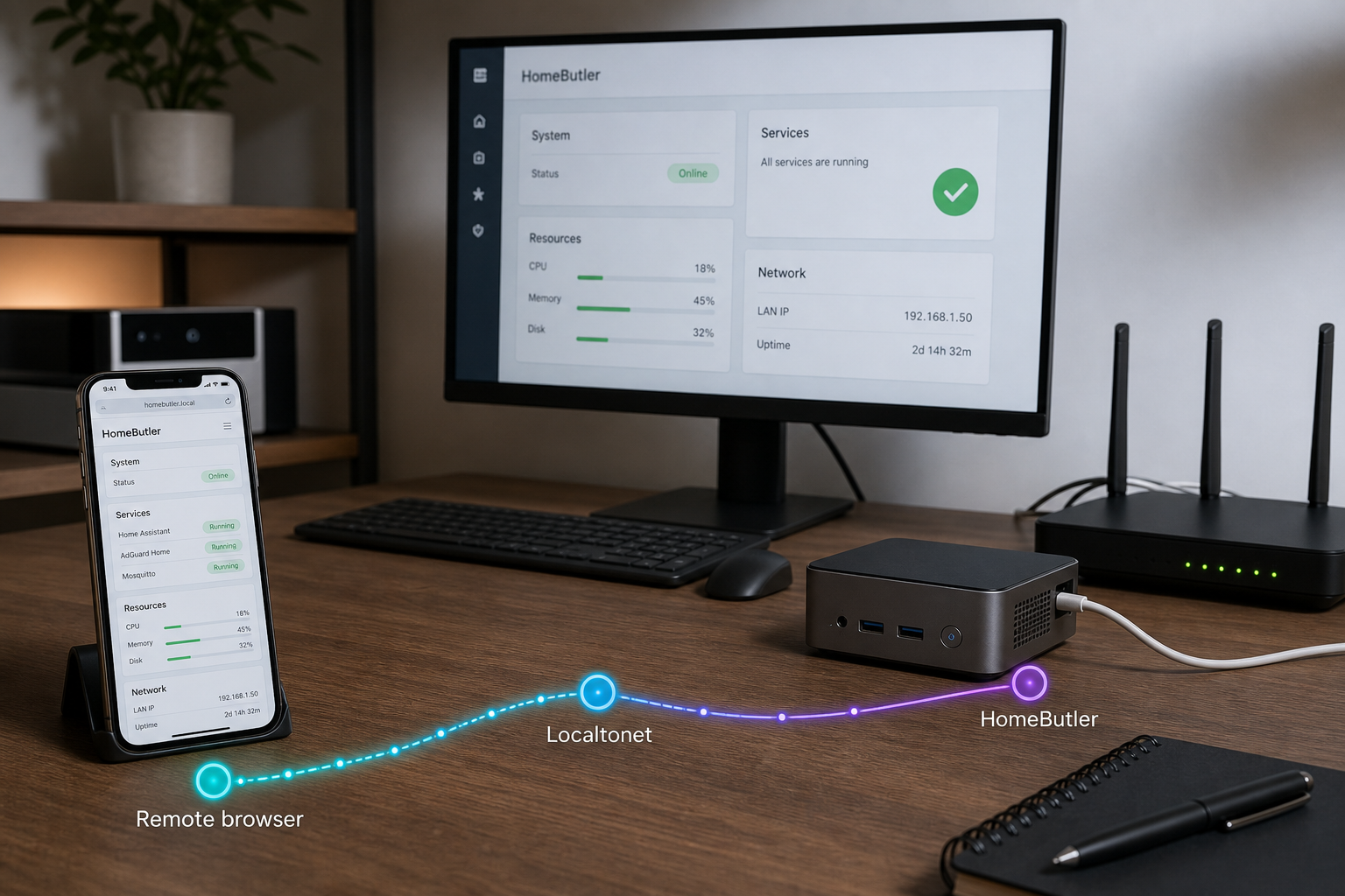 HomeButler running in a homelab and reached remotely through a Localtonet tunnel.