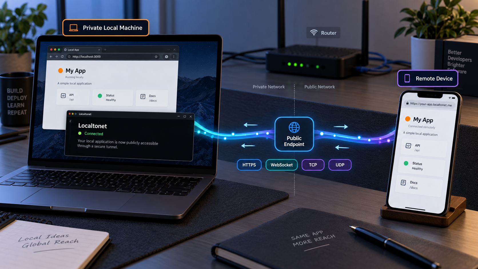 A local development service connected through a public tunnel to a remote test device using several protocols.
