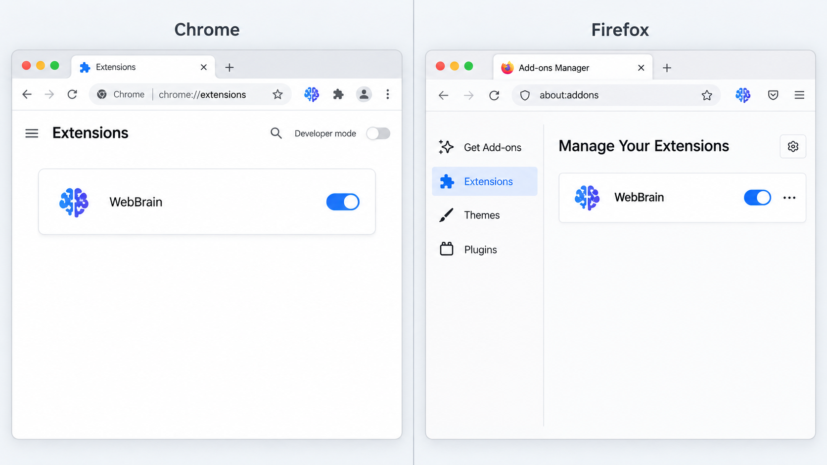 WebBrain enabled and visible in the toolbars of Chrome and Firefox.
