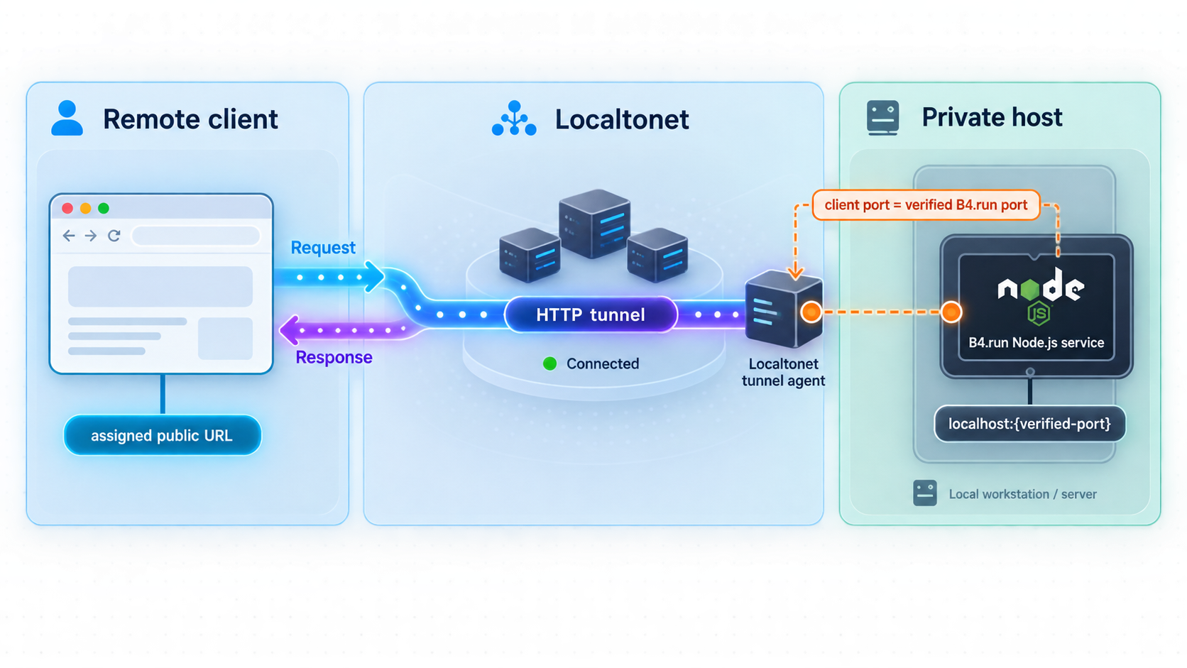 Localtonet mapping an assigned public URL to the verified local B4.run port.